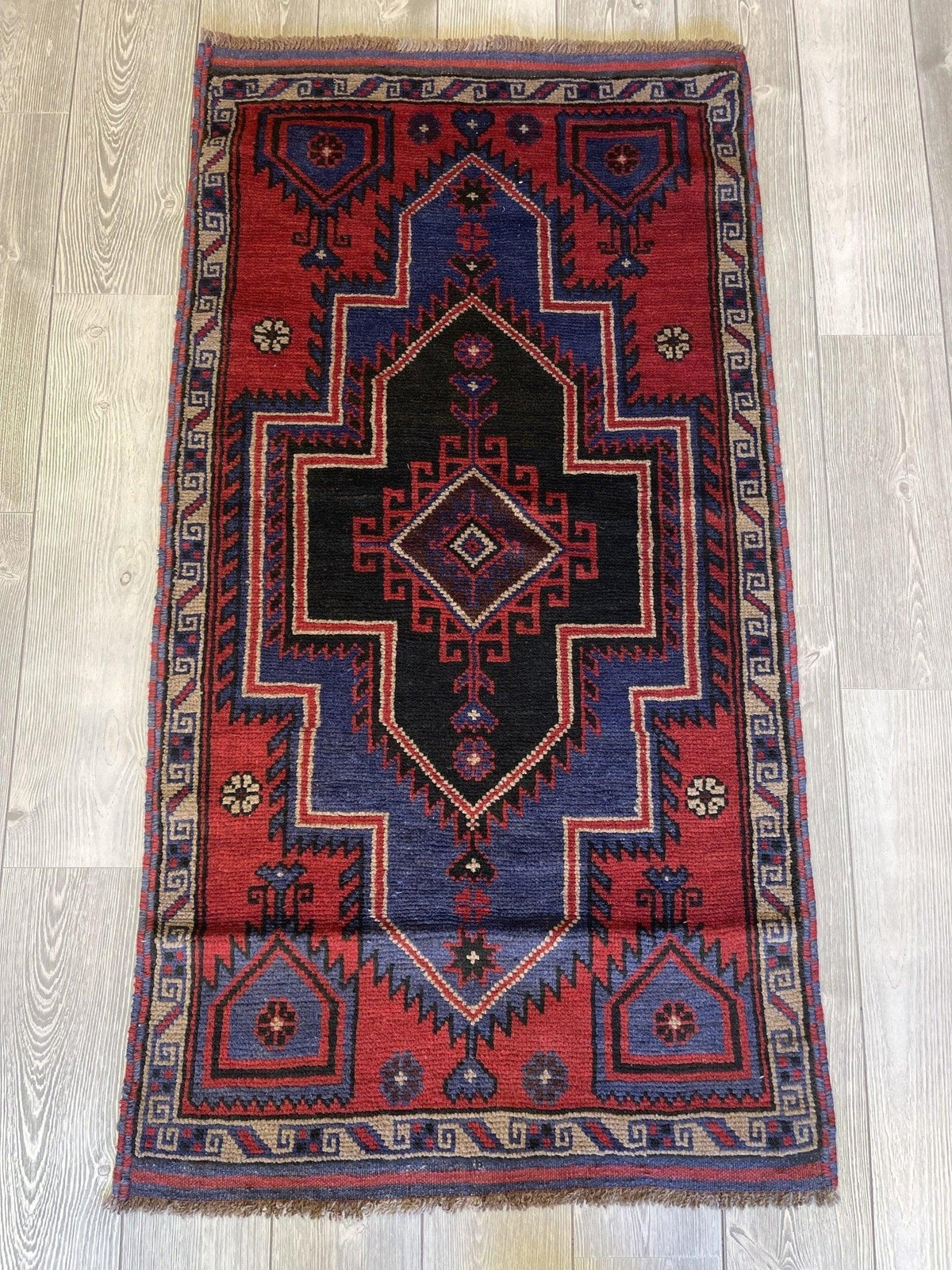 Afghan Baluch Rug 3' x 5', Hand-Knotted Wool, Blue & Red, view 2