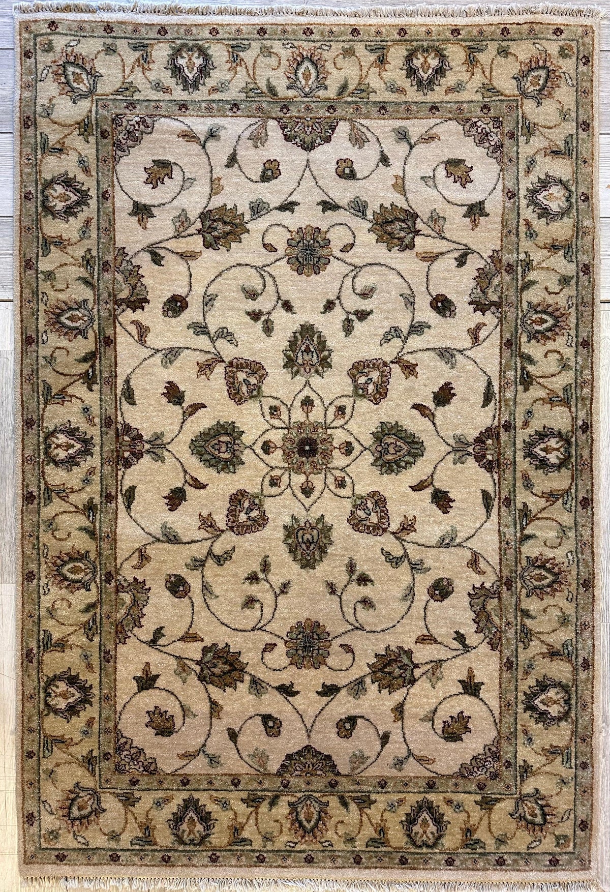 Indian Chobi Rug 4' x 6', Hand-Knotted Wool, Cream