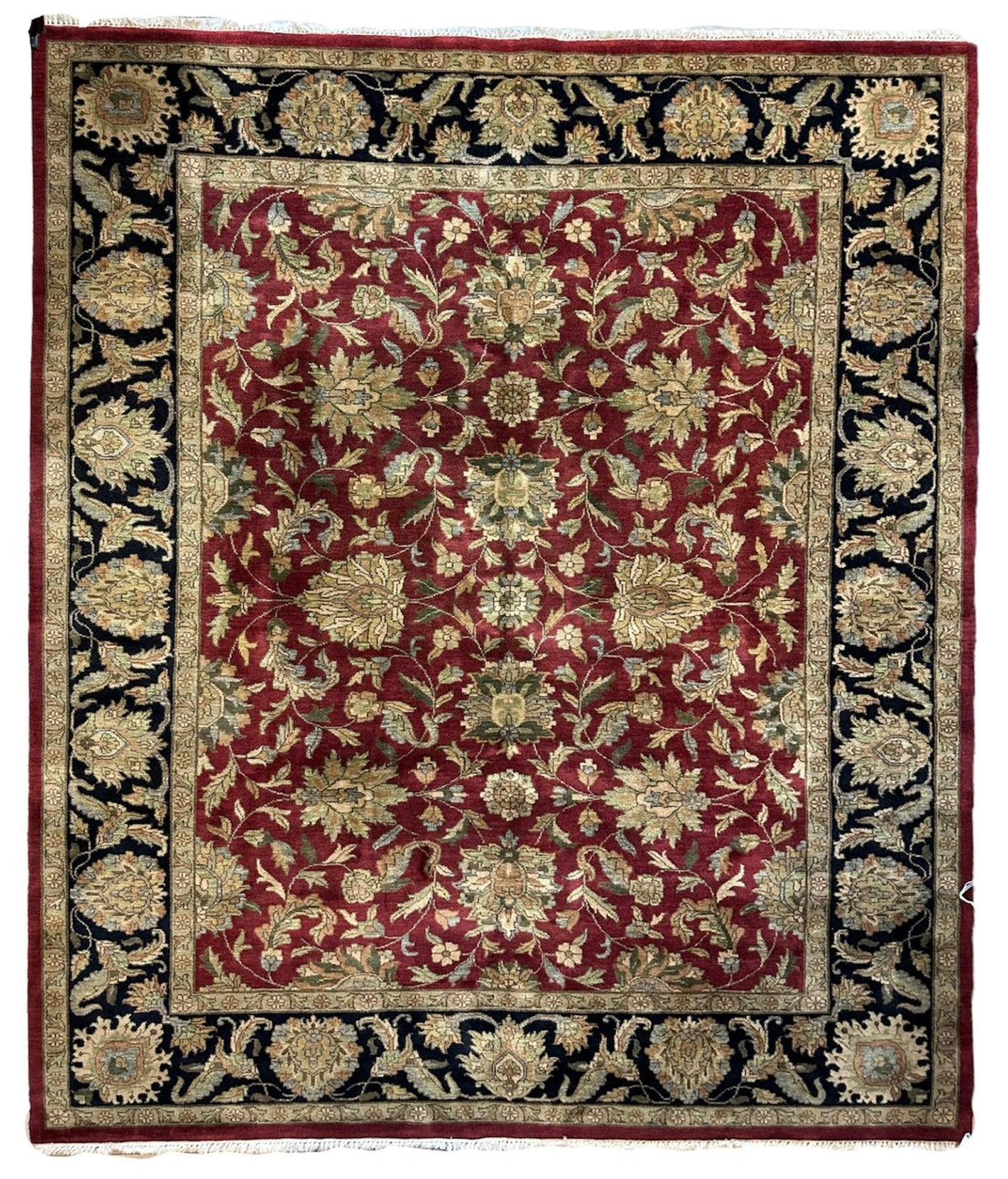 Indian Agra Rug 8'1" x 10', Hand-Knotted Wool, Brown, Cream & Red