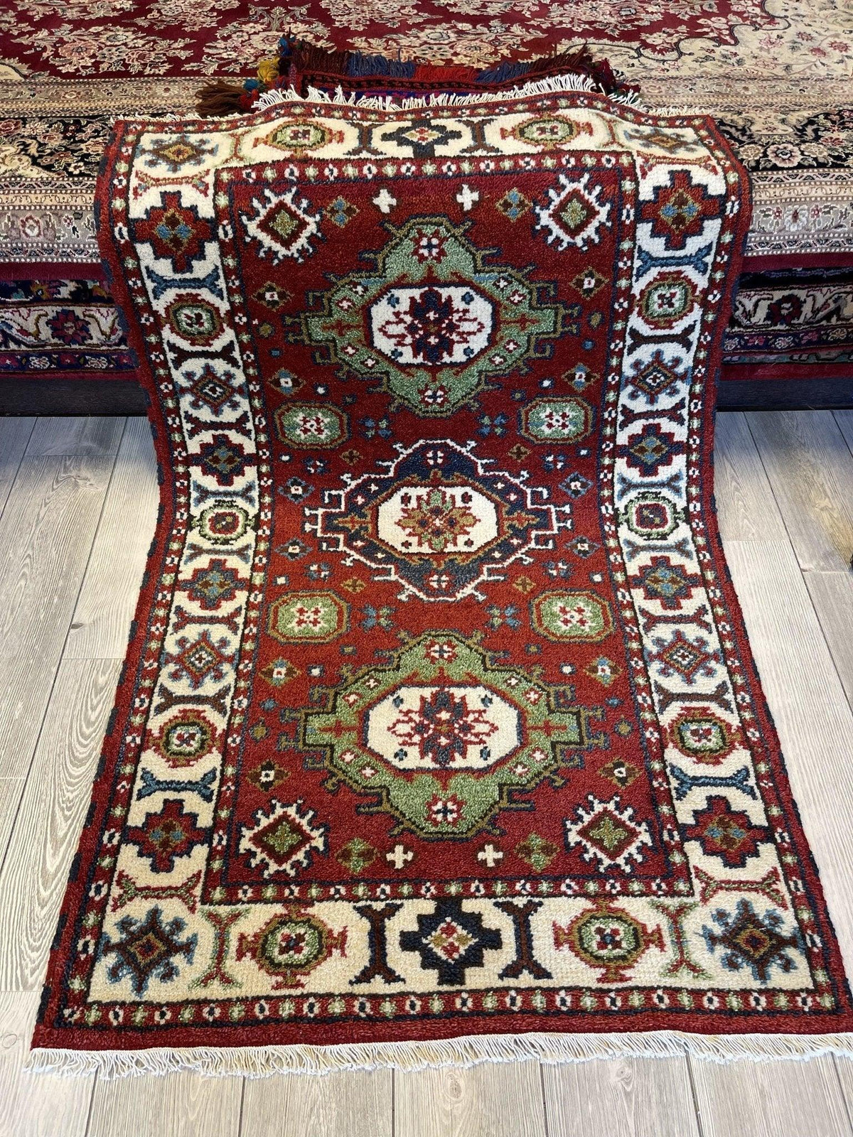 Indo-Kazak Rug 3' x 5', Handmade Wool, Cream, Red & Green