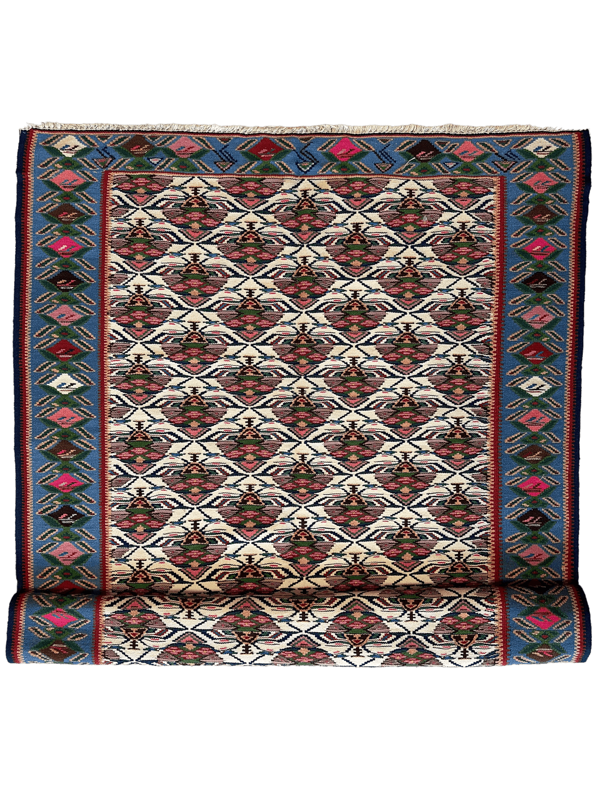 Vintage Persian Senneh Kilim 4'2" x 9'1", Hand-Woven Wool, 1980s