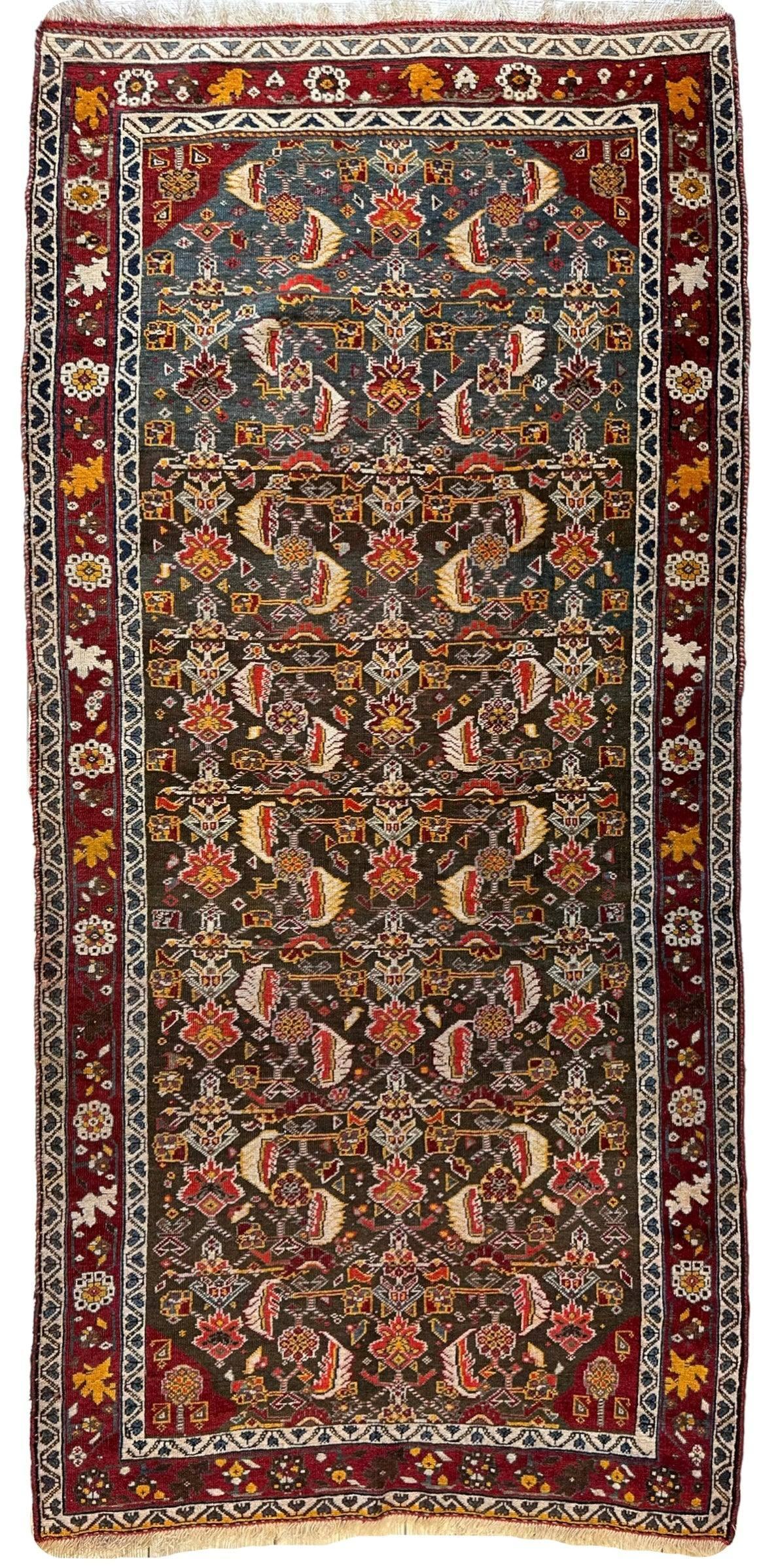 Antique Persian Qashqai Rug 3'2" x 6'8", Hand-Knotted Wool, 1920s