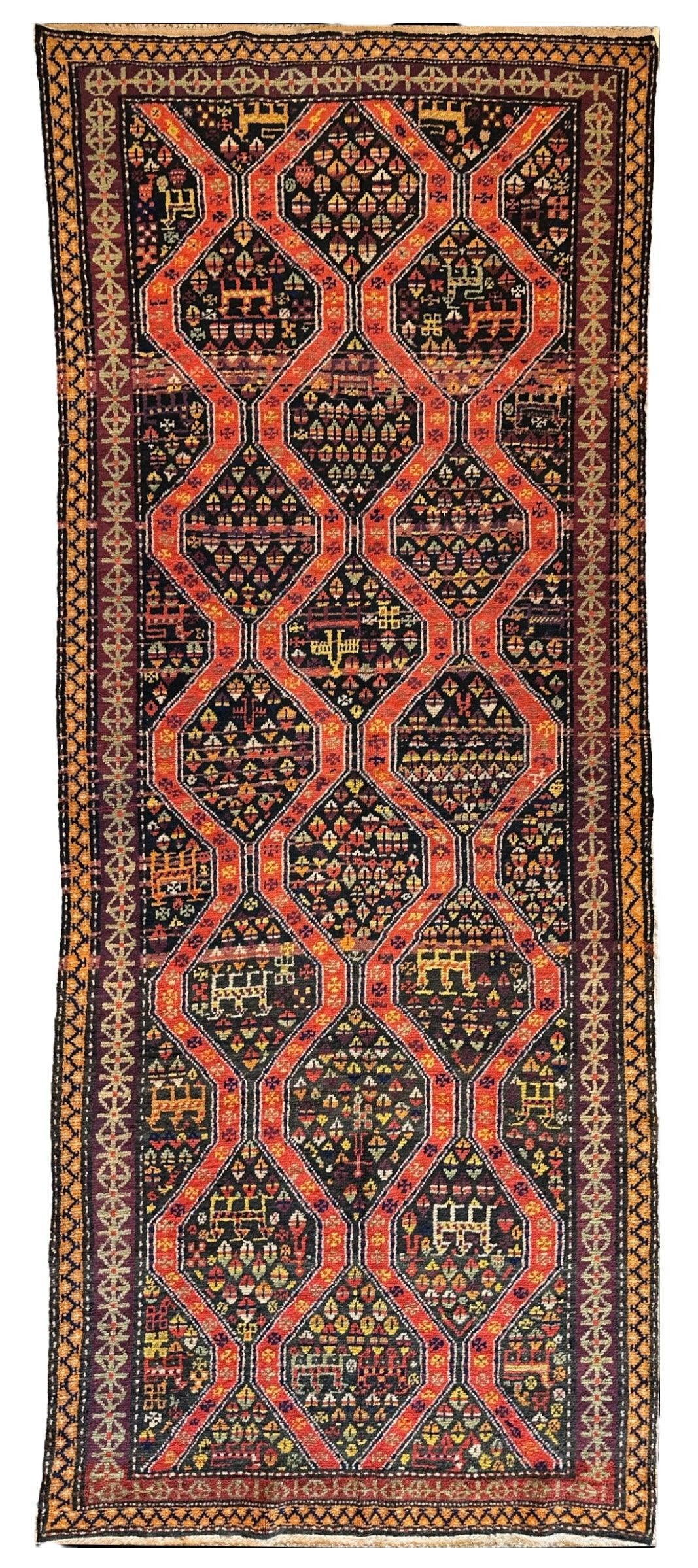 Antique Caucasian Kazak Rug 4' x 8'9", Hand-Knotted Wool, 1910s
