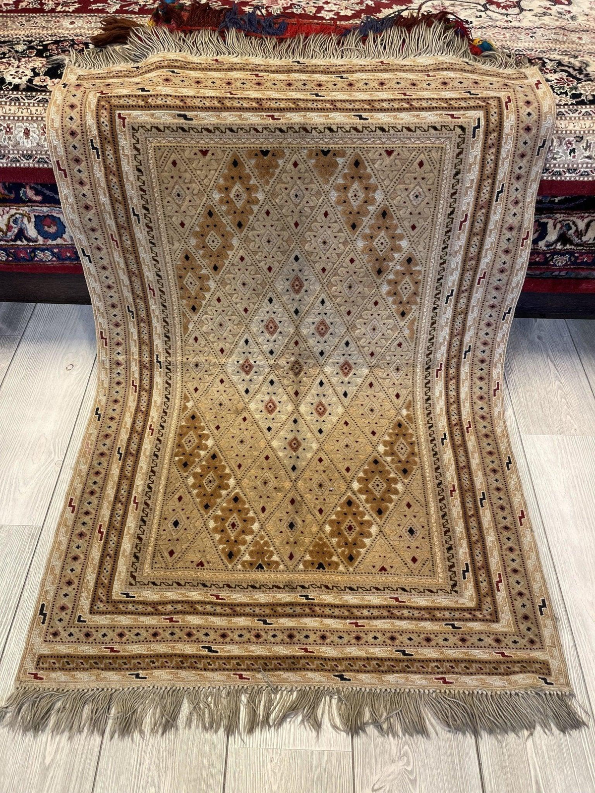 Afghan Kilim Rug 16" x 32", Hand-Woven Wool, Cream & Beige