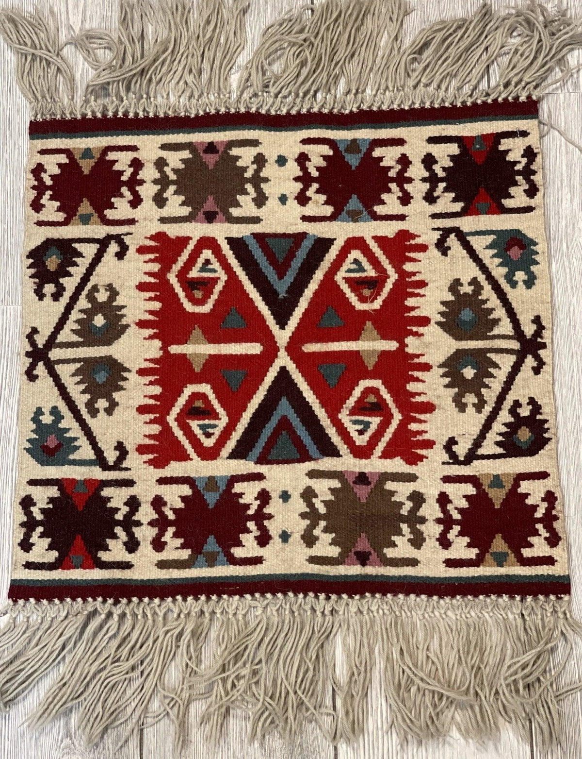 Vintage Bulgarian Kilim Rug 19" x 20", Hand-Woven Wool, Cream
