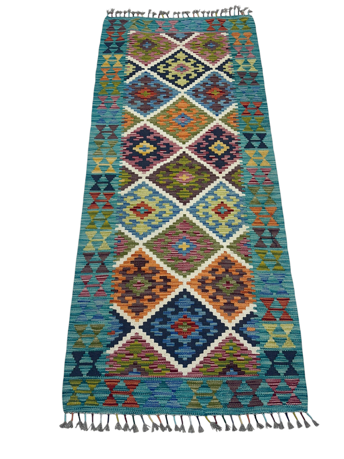 Afghan Kilim Runner 3x6, Teal, Olive Green & Orange, Hand-Woven Wool Flatweave, view 2