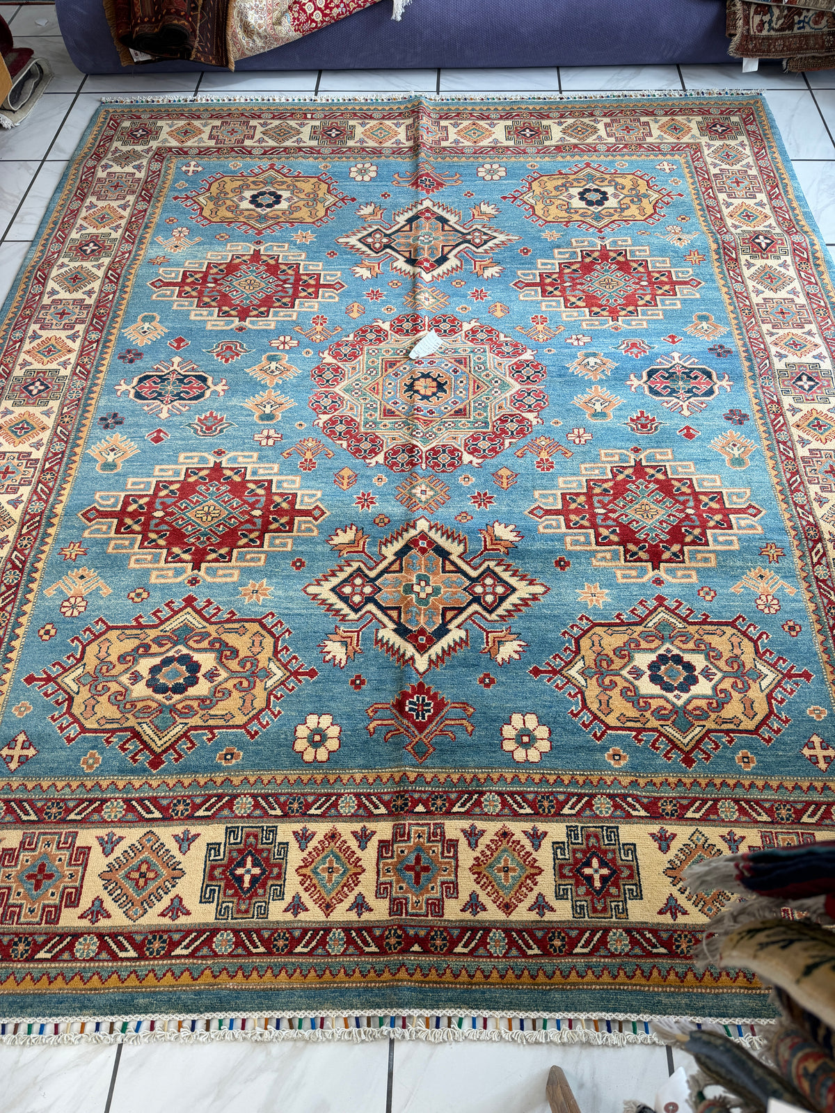 Afghan Kazak Rug 8'2" x 9'7", Hand-Knotted Wool, Blue, view 2