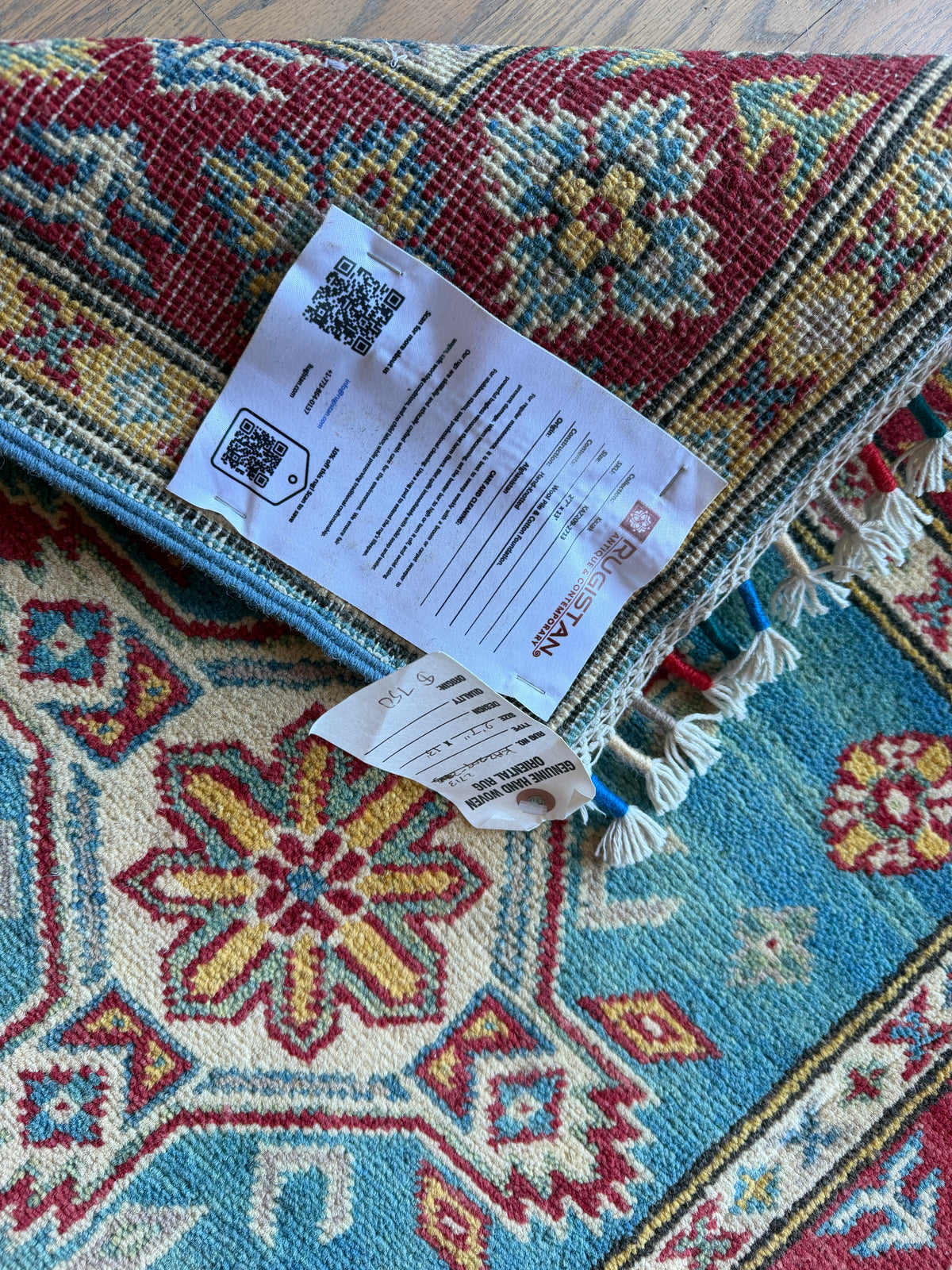Afghan Kazak Hand-Knotted Wool Runner Rug - Sky Blue & Red