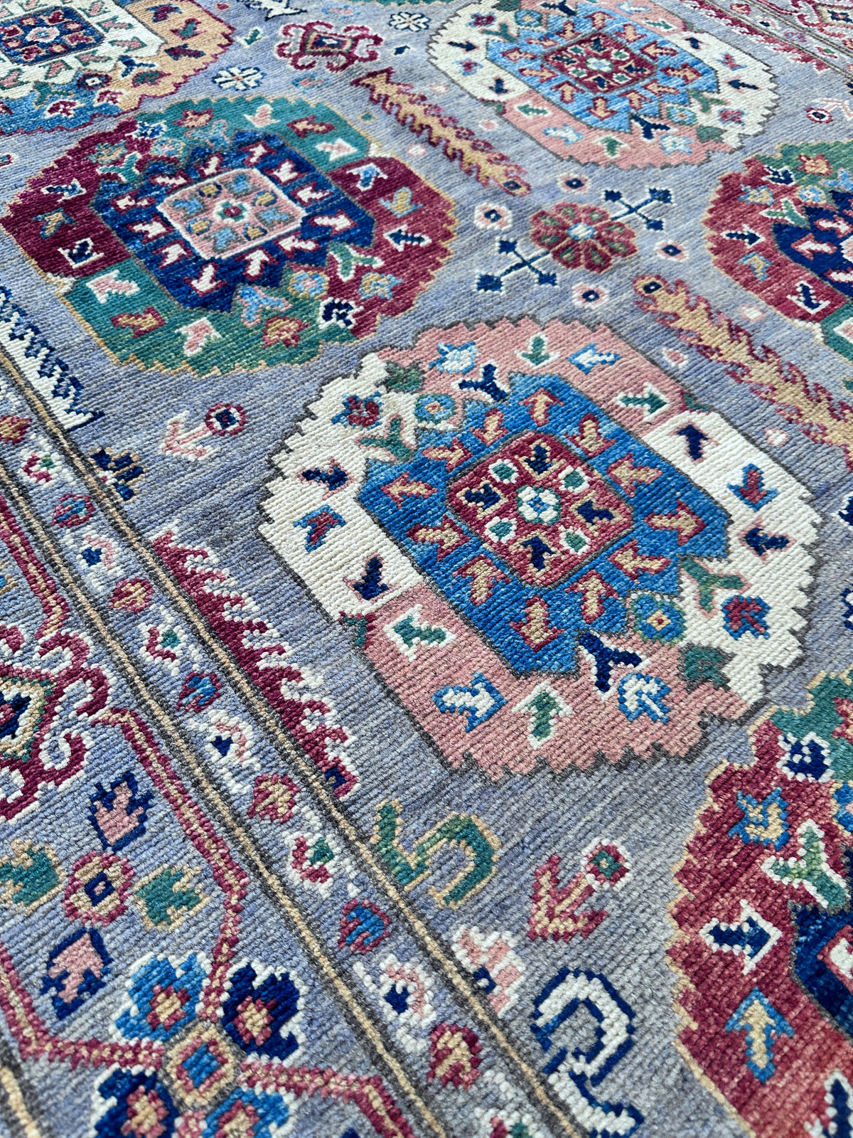 Afghan Kazak Rug 4'1" x 5'11", Hand-Knotted Wool, Gray, view 5
