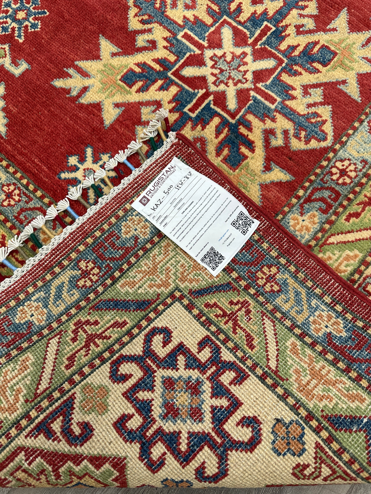Afghan Kazak Rug 8'10" x 11'11", Hand-Knotted Wool, Cream & Red, view 9