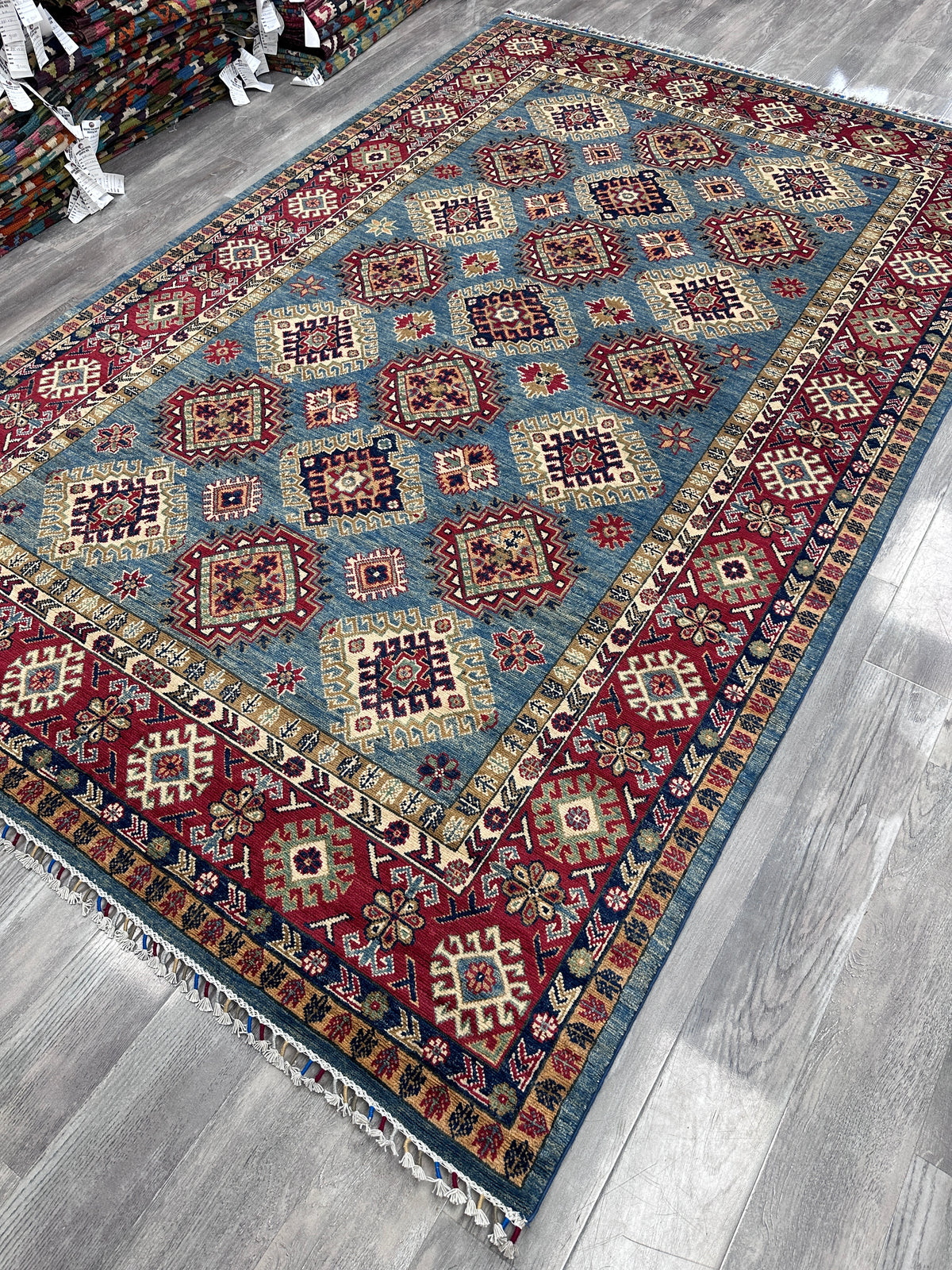 Afghan Kazak Rug 6x10, Light Blue, Red & Ivory, Hand-Knotted Wool, view 5