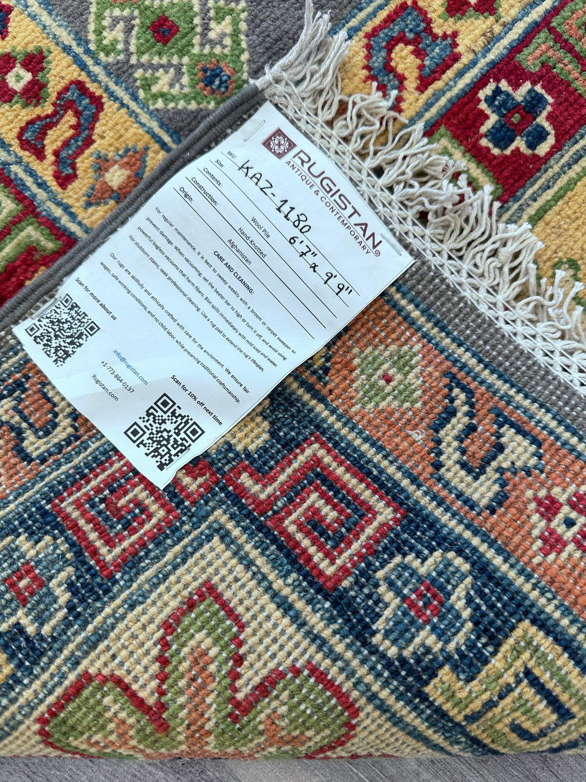Afghan Kazak Rug 6'7" x 9'9", Hand-Knotted Wool, Gray, Blue & Red, view 7