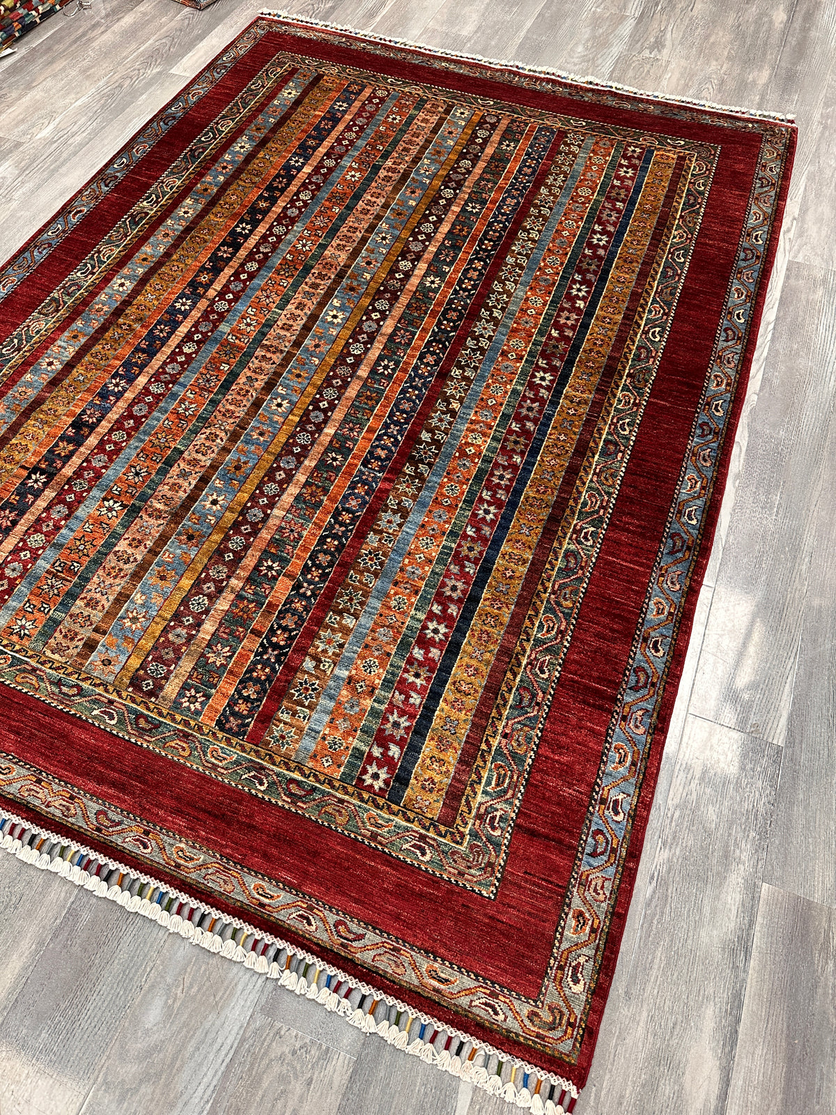 Afghan Khorjin Rug 5'10" x 8', Hand-Knotted Wool, Red, Blue & Orange, view 4