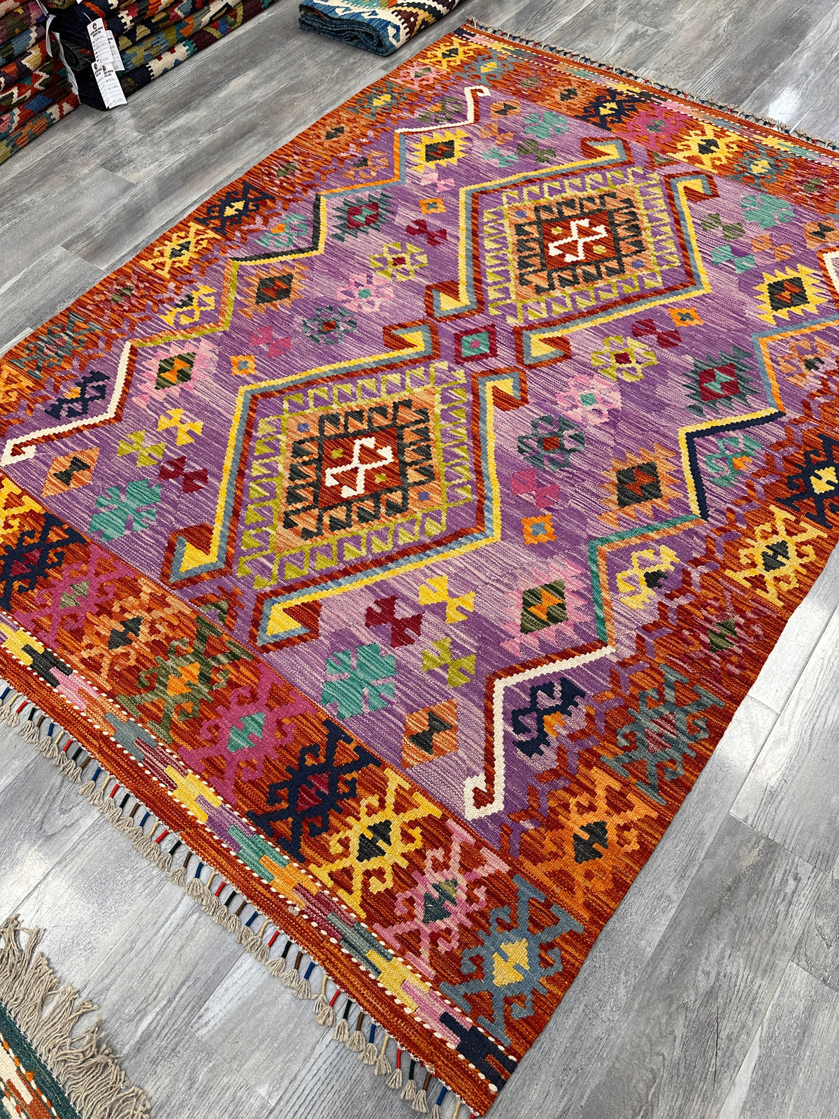 Afghan Kilim Rug 6x7, Purple, Rust & Orange, Hand-Woven Wool Flatweave, view 3