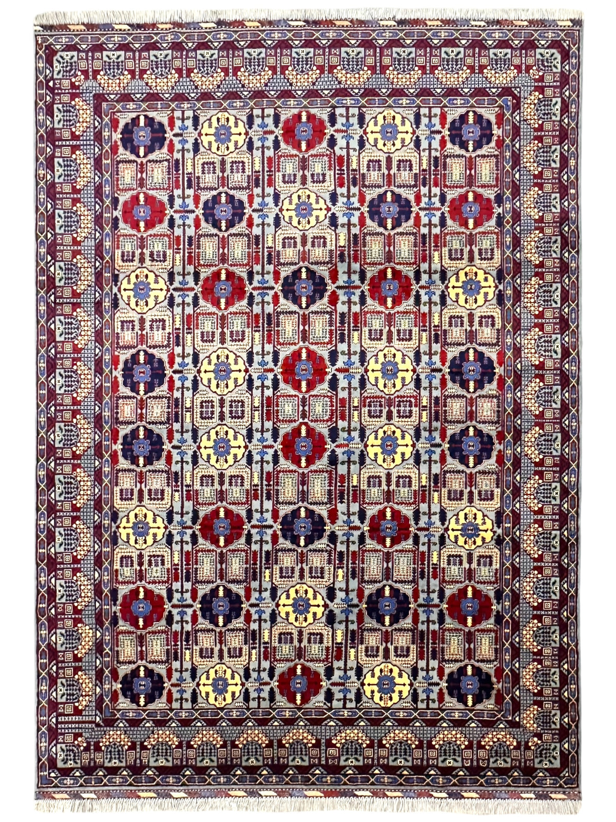 Afghan Gandom Rug 8'2" x 11'6", Hand-Knotted Wool, Red, Beige & Navy