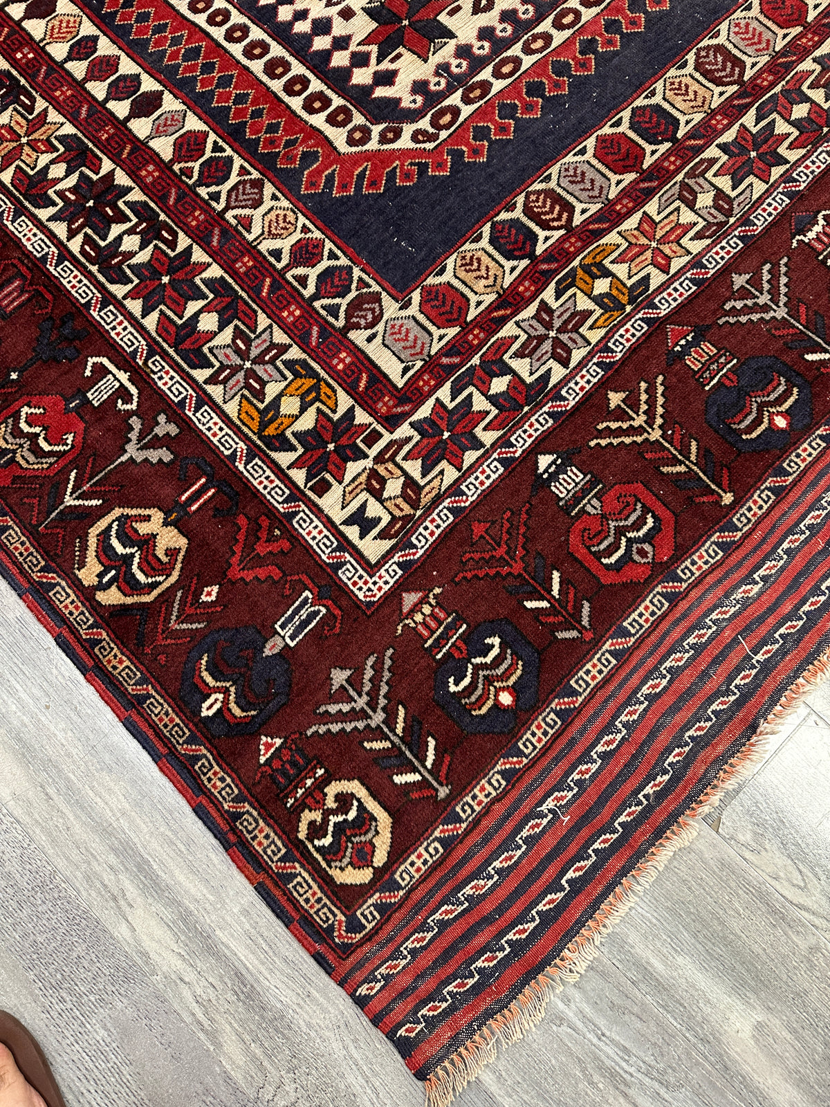 Afghan Baluch Rug 6x9 | Burgundy, Ivory & Navy | Hand-Knotted Wool | View 7
