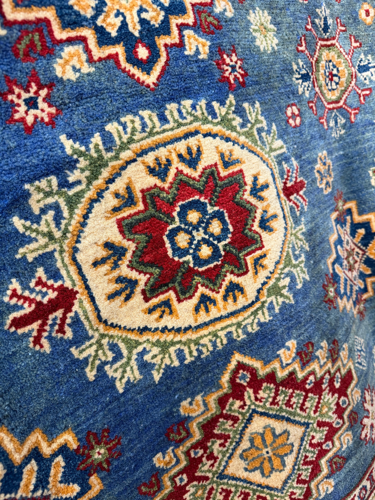 Afghan Kazak Rug 5'6" x 7'7", Hand-Knotted Wool, Blue, Red & Beige, view 3