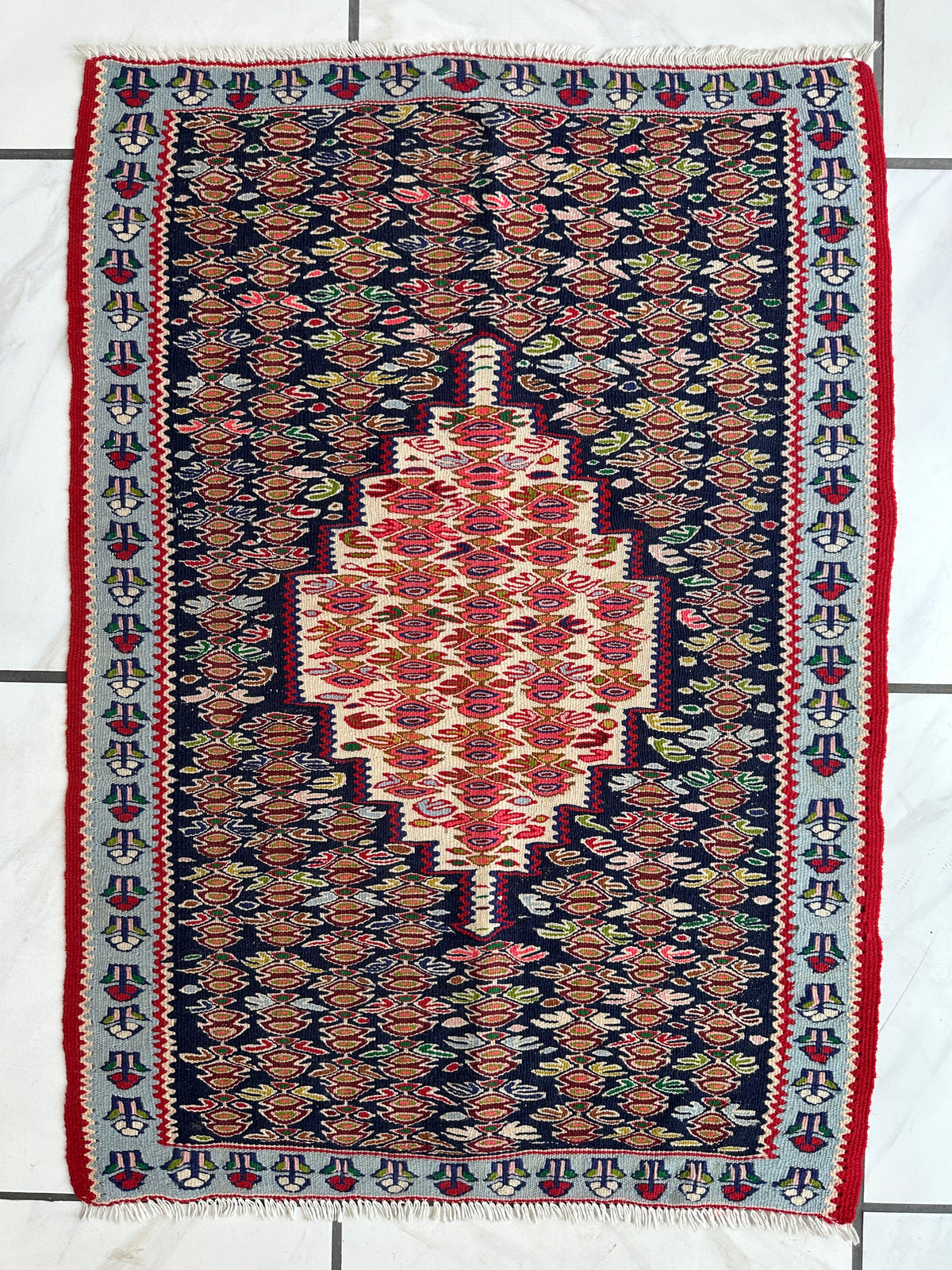 Vintage Persian Senneh Rug 26" x 40", Hand-Woven Wool, 1970s