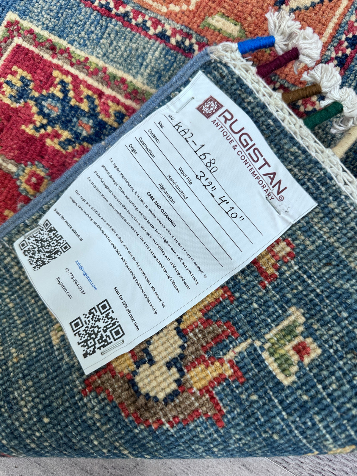Afghan Kazak Tribal Rug 3x5, Blue, Red & Ivory, Hand-Knotted Wool, view 4