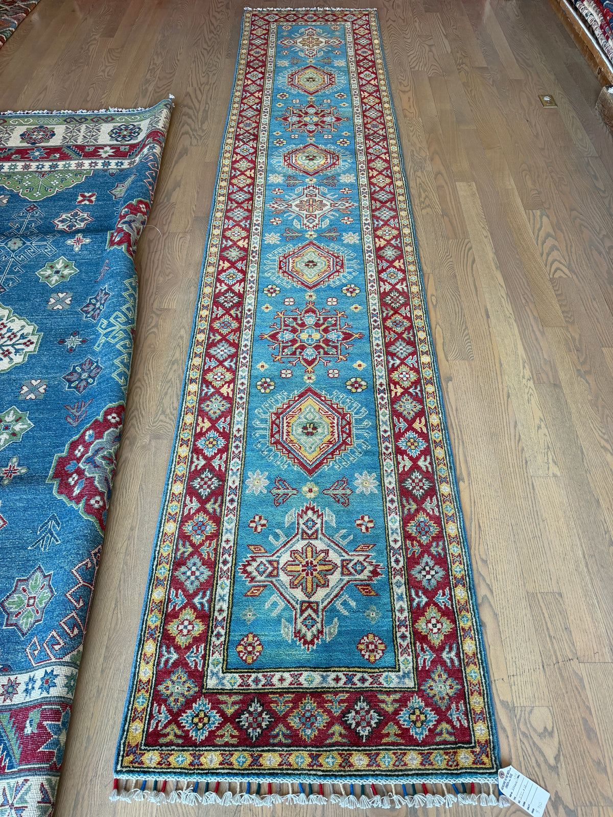 Afghan Kazak Hand-Knotted Wool Runner Rug - Sky Blue & Red