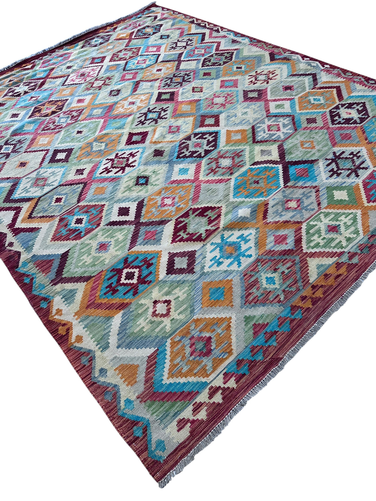 Afghan Kilim Rug 8x10, Gray, Pink & Blue, Hand-Woven Wool Flatweave, view 3