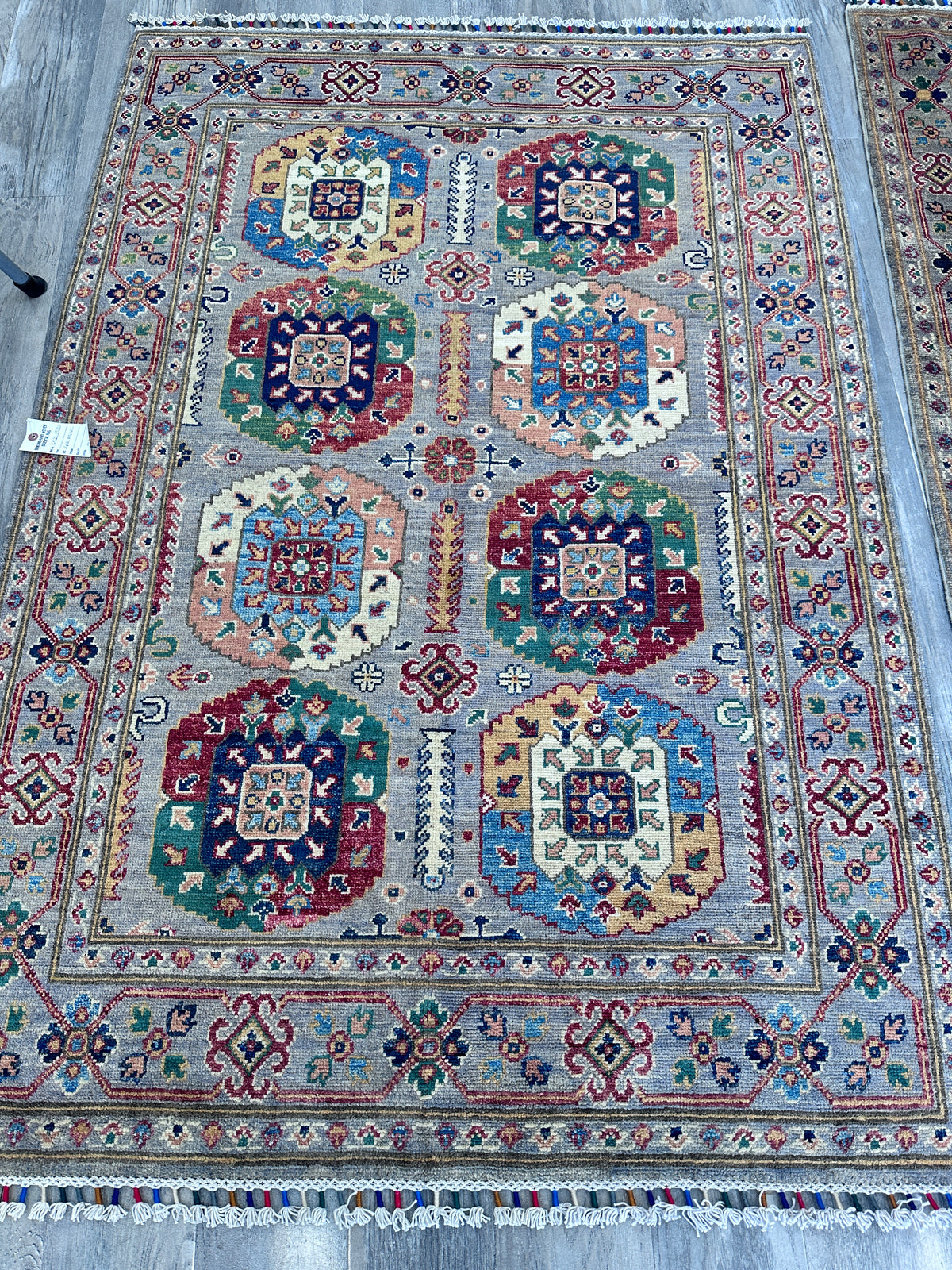 Afghan Kazak Rug 4'1" x 5'11", Hand-Knotted Wool, Gray, view 3