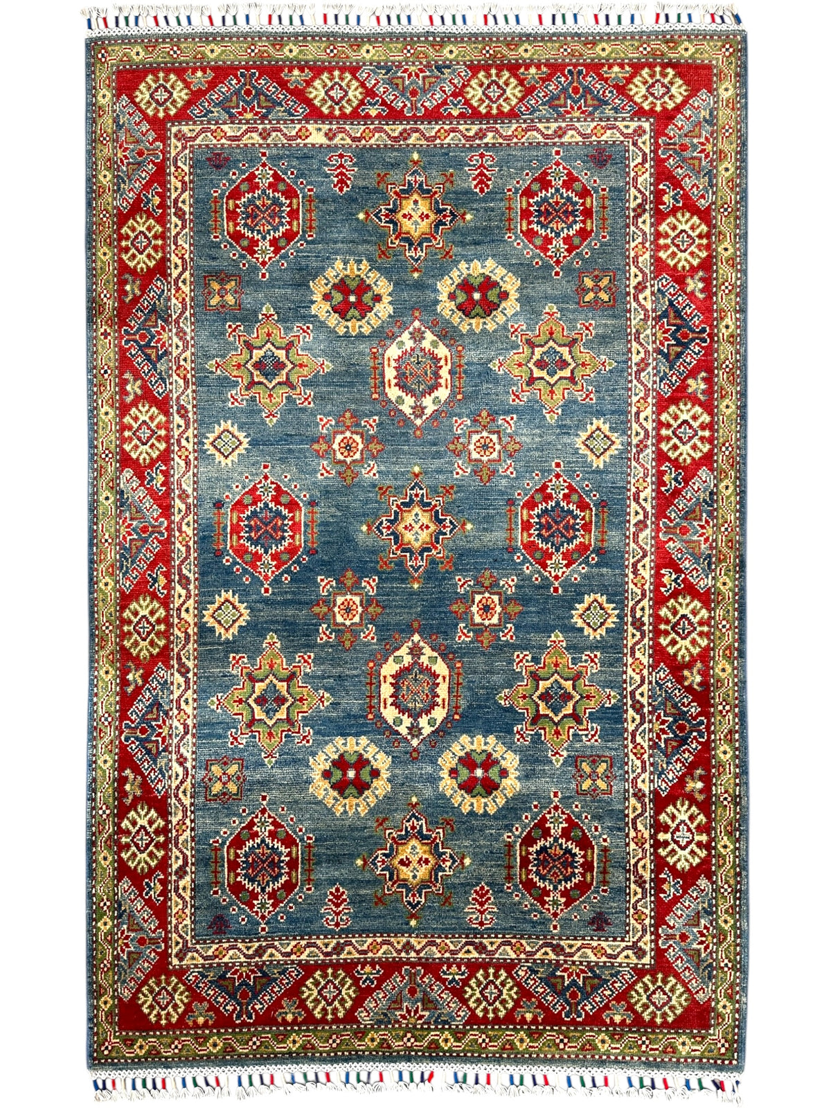 Afghan Kazak Rug 3'11" x 5'11", Hand-Knotted Wool, Blue, Red & Cream