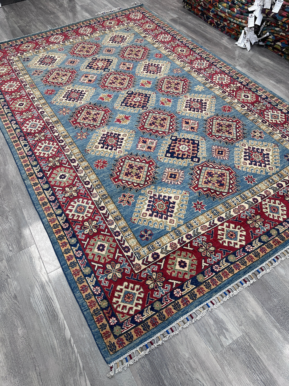 Afghan Kazak Rug 6x10, Light Blue, Red & Ivory, Hand-Knotted Wool, view 4