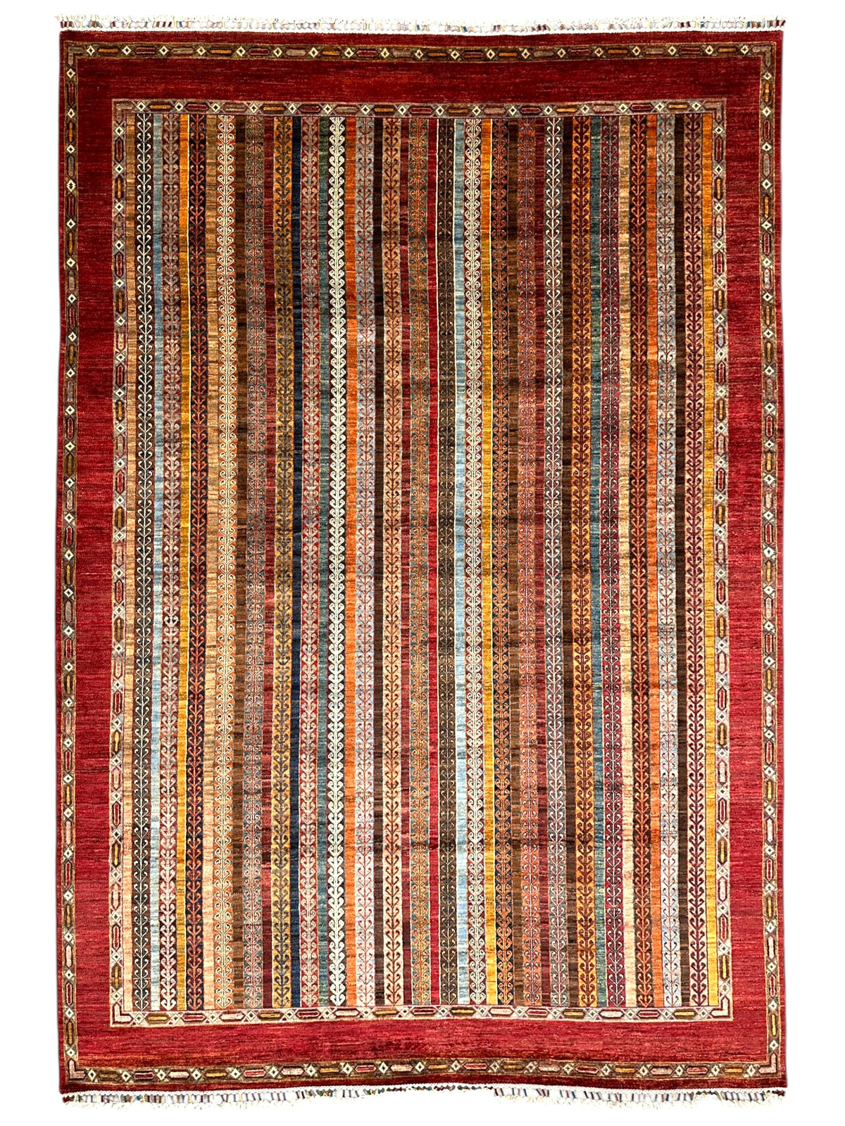 Afghan Khorjin Rug 7'1" x 10'2", Hand-Knotted Wool, Red, Blue & Orange