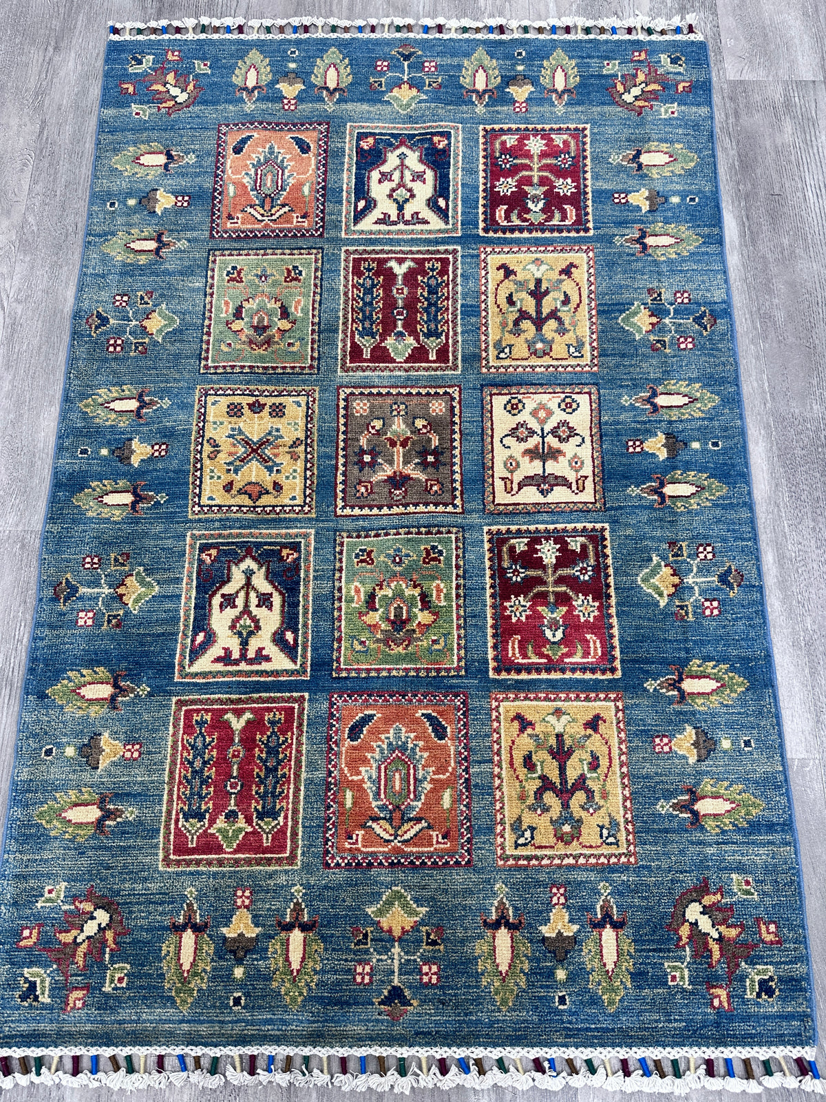 Afghan Kazak Tribal Rug 3x5, Blue, Red & Ivory, Hand-Knotted Wool, view 2