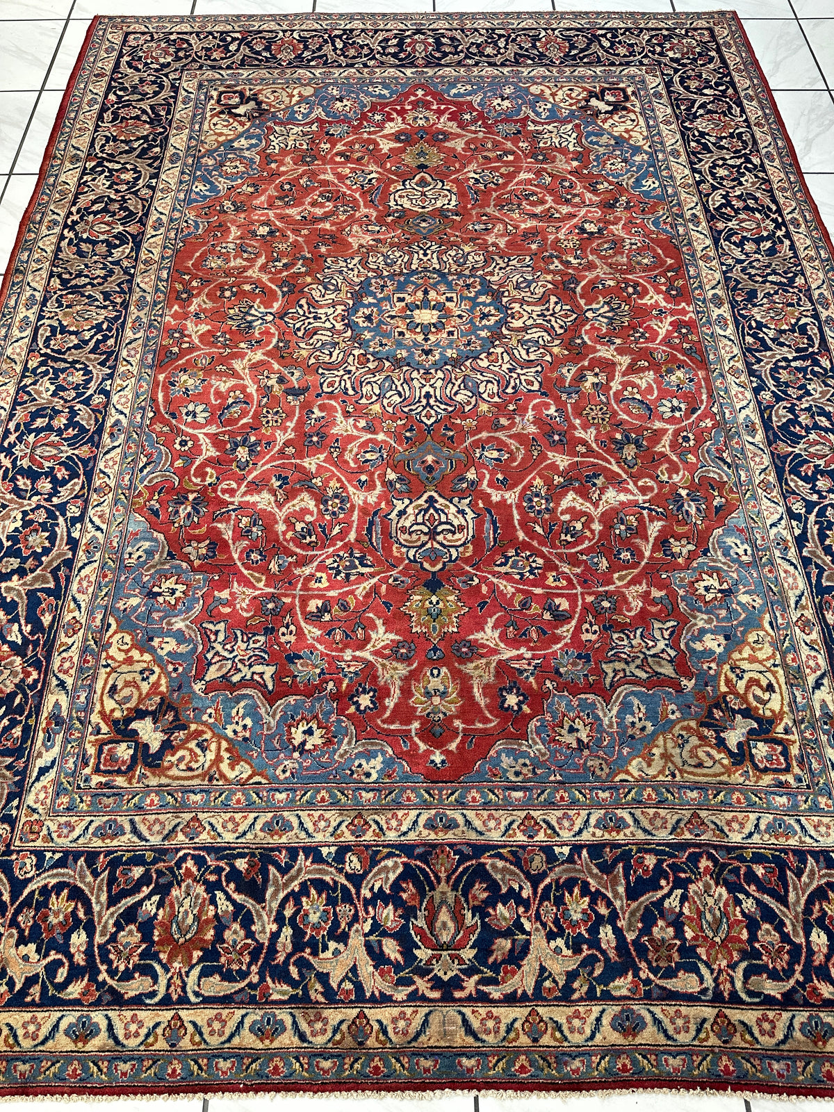 Vintage Persian Kashan Rug 8' x 11'3", Hand-Knotted Wool, Red & Navy, view 3