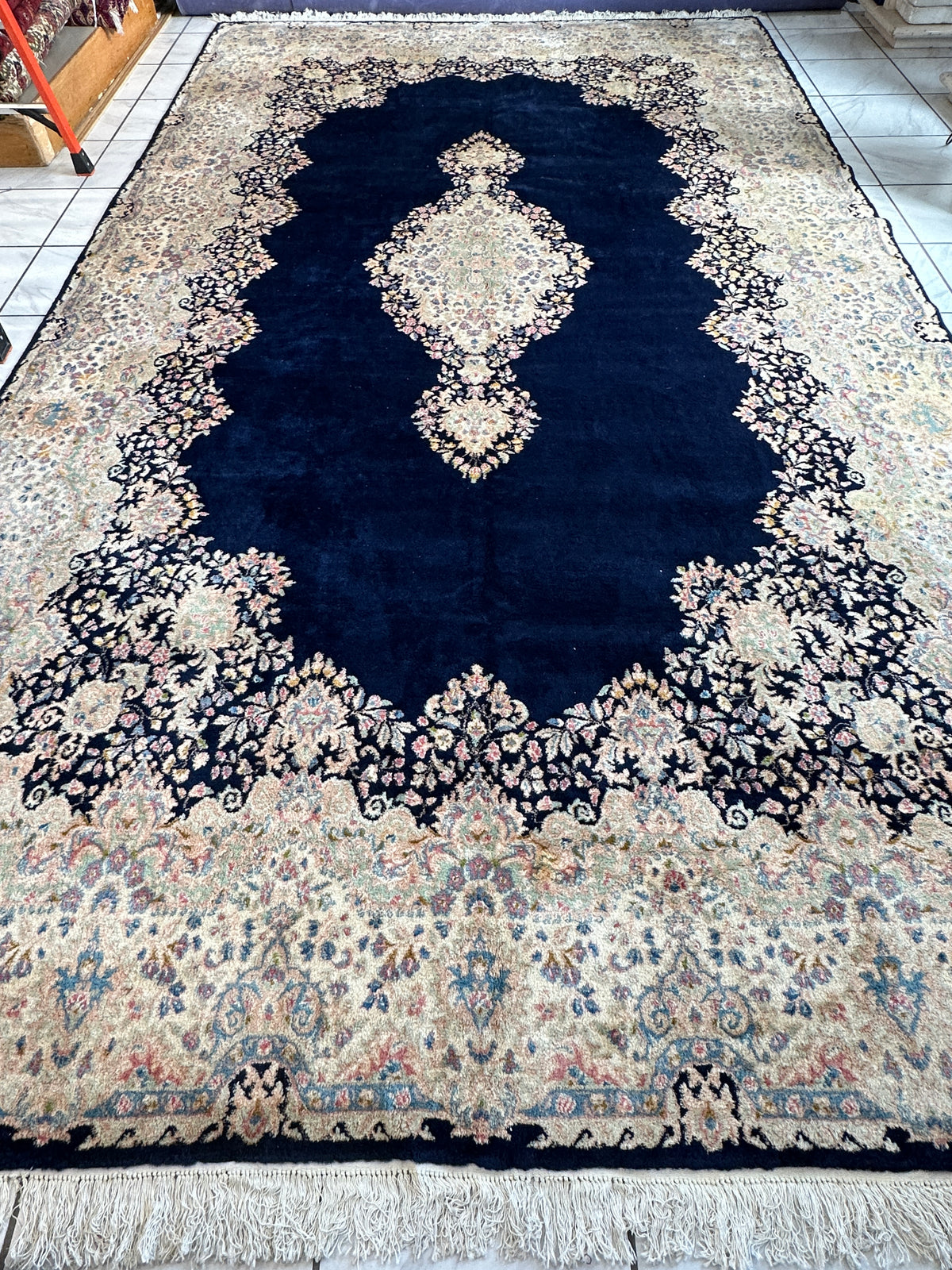 Vintage Persian Kerman Rug 9'9" x 17'2", Hand-Knotted Wool, Navy, view 2