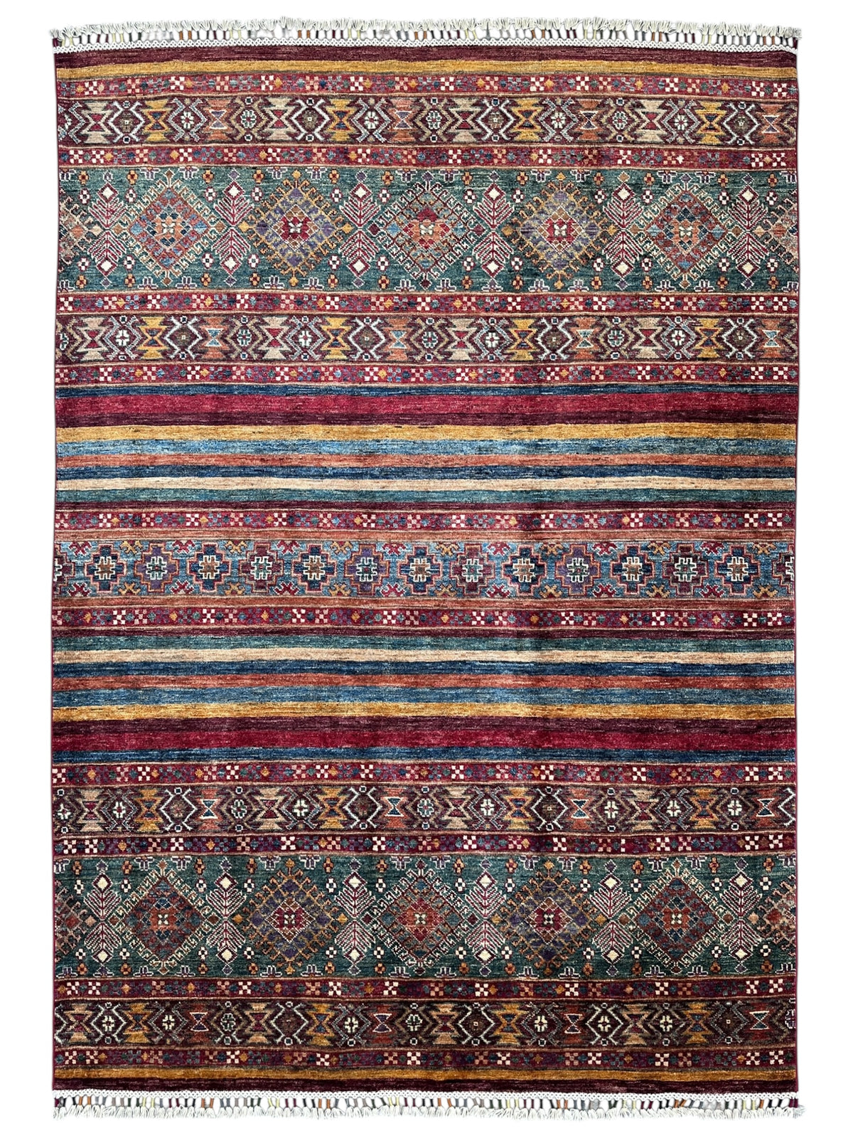 Afghan Khorjin Rug 4'11" x 6'10", Hand-Knotted Wool, Red, Blue & Green