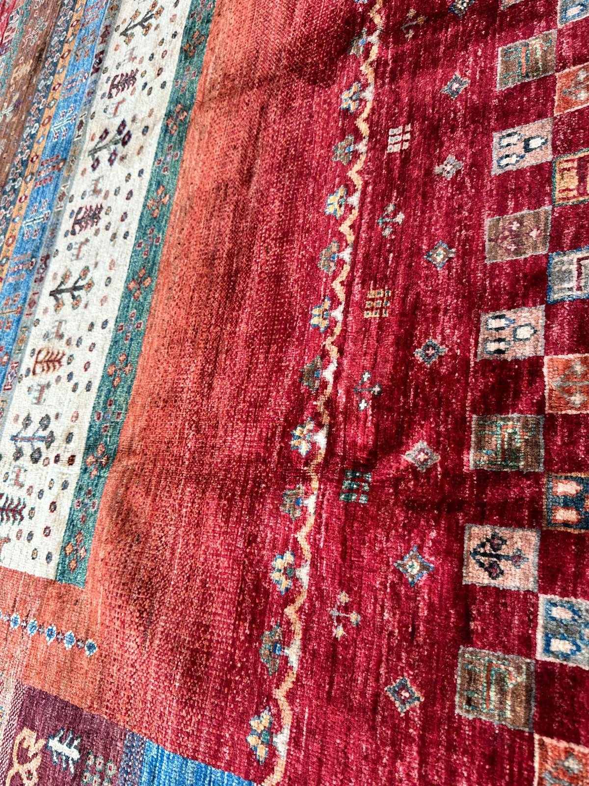 Afghan Khorjin Rug 7' x 9'10", Hand-Knotted Wool, Blue, Gold & Red, view 13