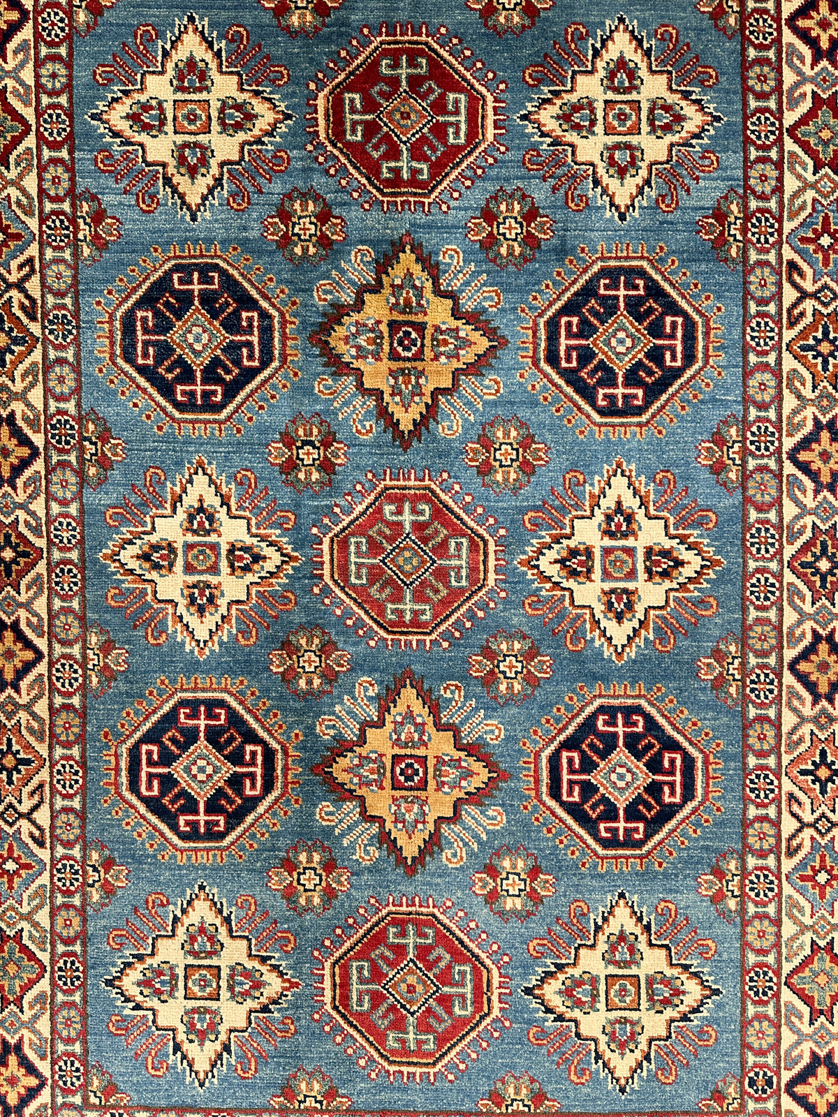 Afghan Kazak Stars Rug 4x6, Light Blue, Ivory & Red, Hand-Knotted Wool, view 5