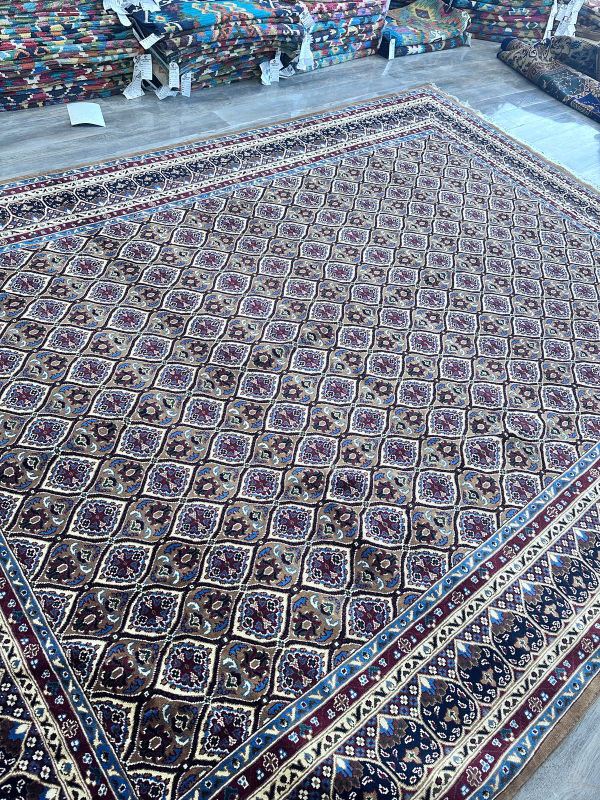 Afghan Rug 8x11, Ivory, Purple & Navy, Hand-Knotted Wool, view 4