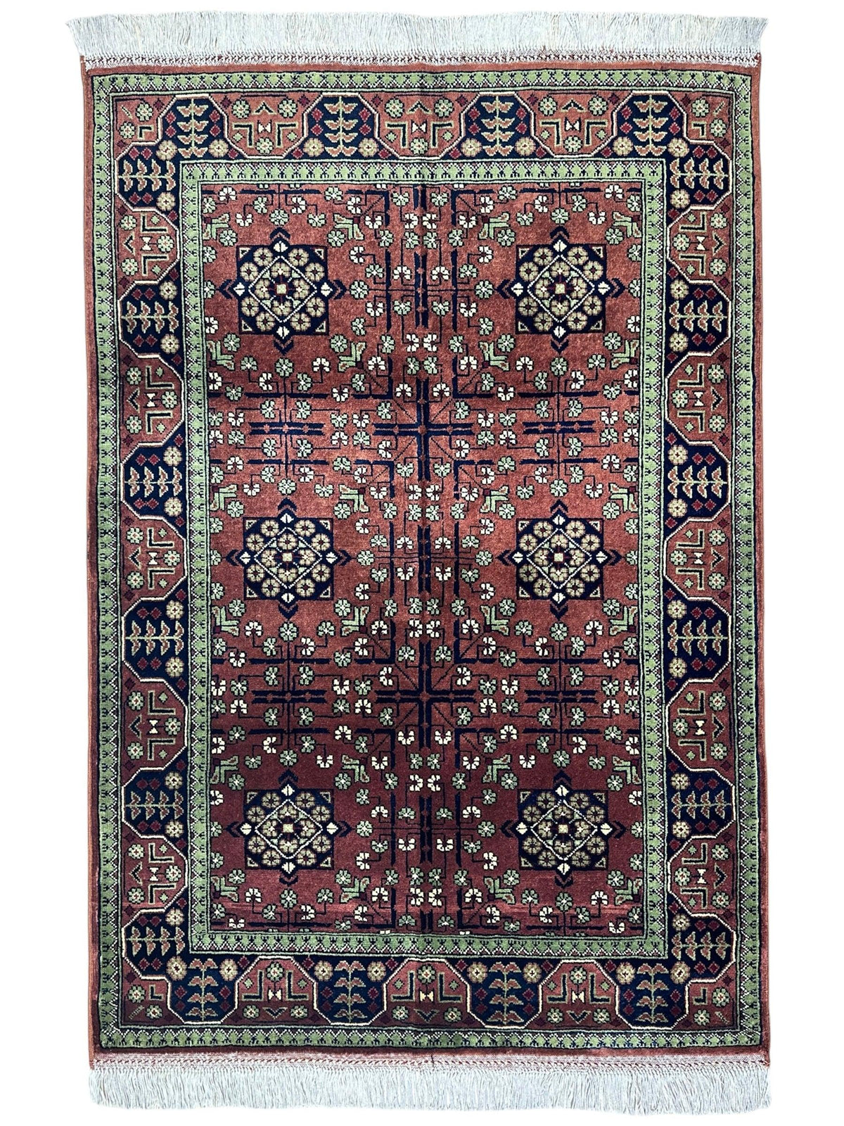 Afghan Bukhara Rug 3'4" x 4'11", Hand-Knotted Wool, Brown