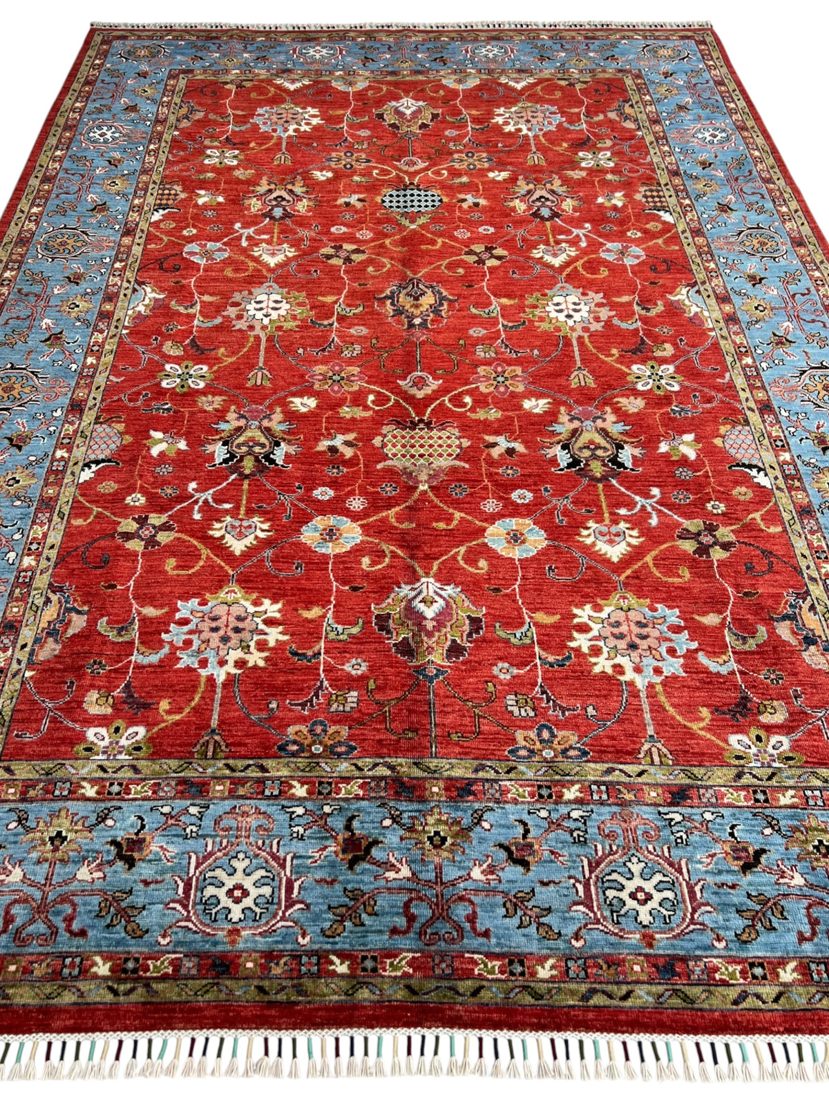 Afghan Chobi Sultani Rug 7x10 | Red, Light Blue & Ivory | Hand-Knotted Wool