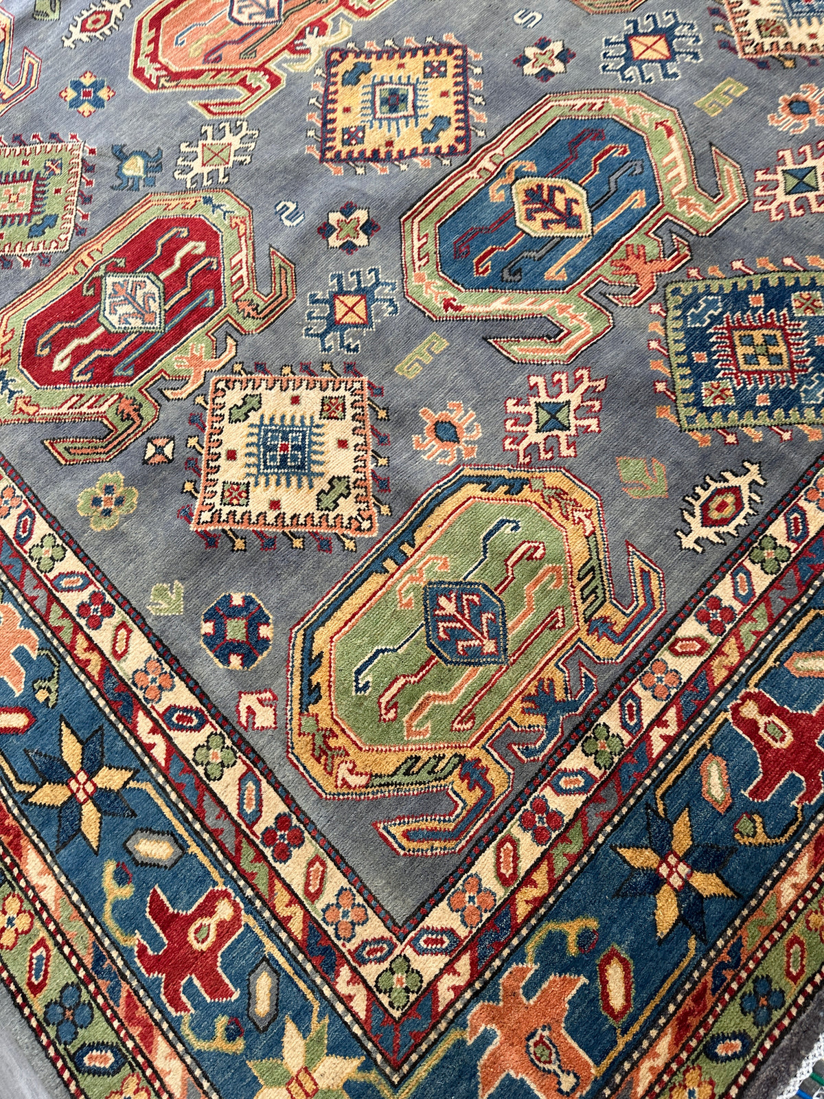 Afghan Kazak Rug 8'3" x 10'8", Hand-Knotted Wool, Navy, Red & Green, view 6