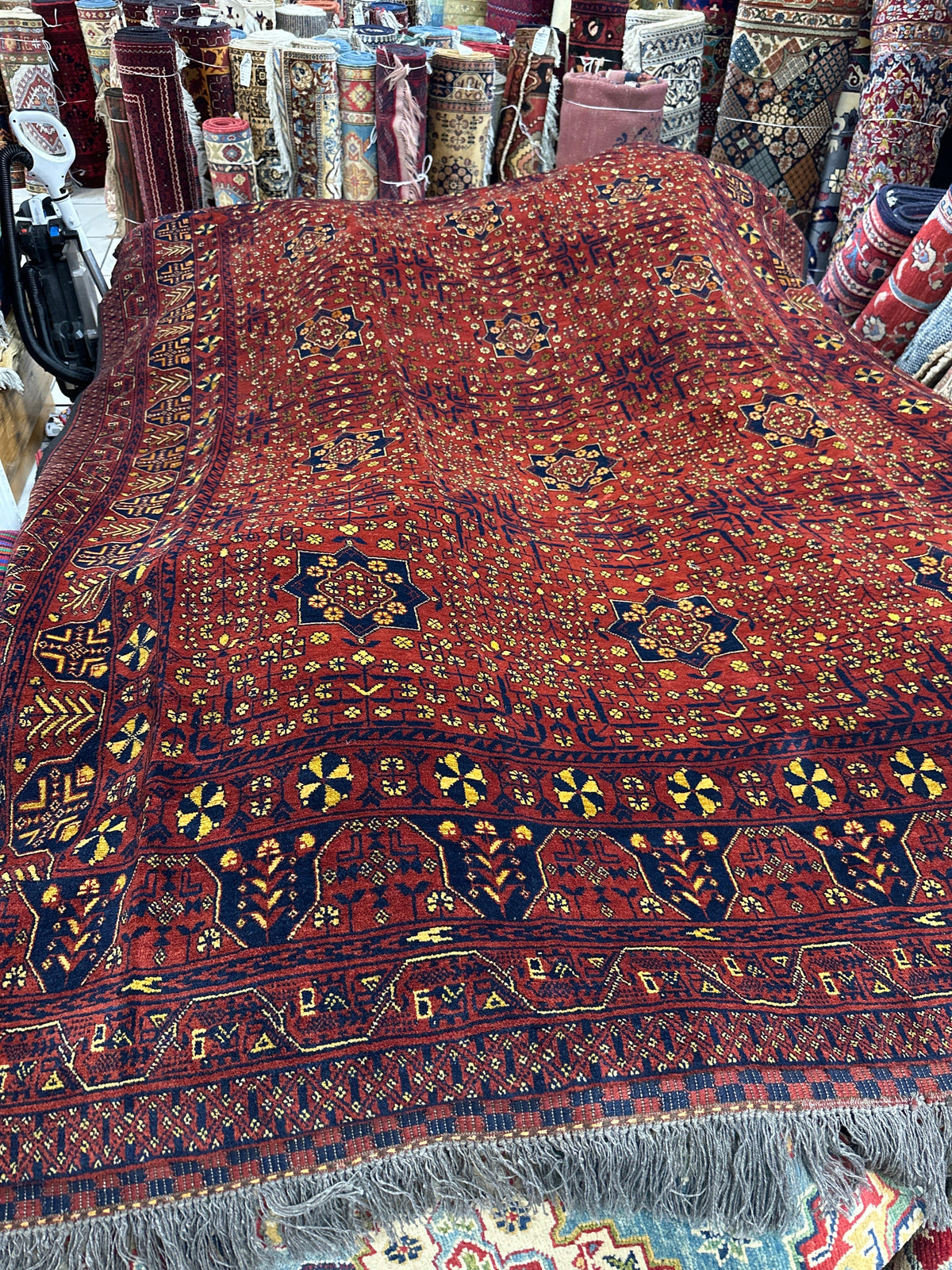 Afghan Turkmen Rug 7x9, Rust, Navy & Gold, Hand-Knotted Wool, view 9