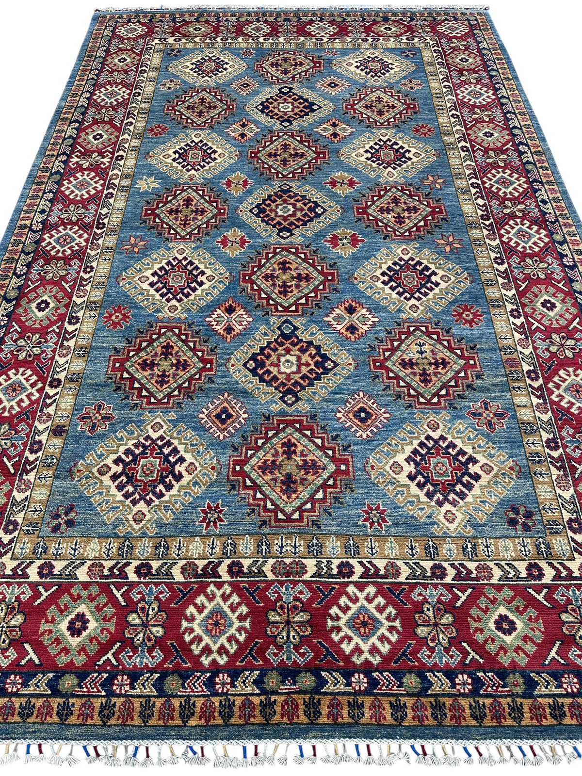 Afghan Kazak Rug 6x10, Light Blue, Red & Ivory, Hand-Knotted Wool, view 3