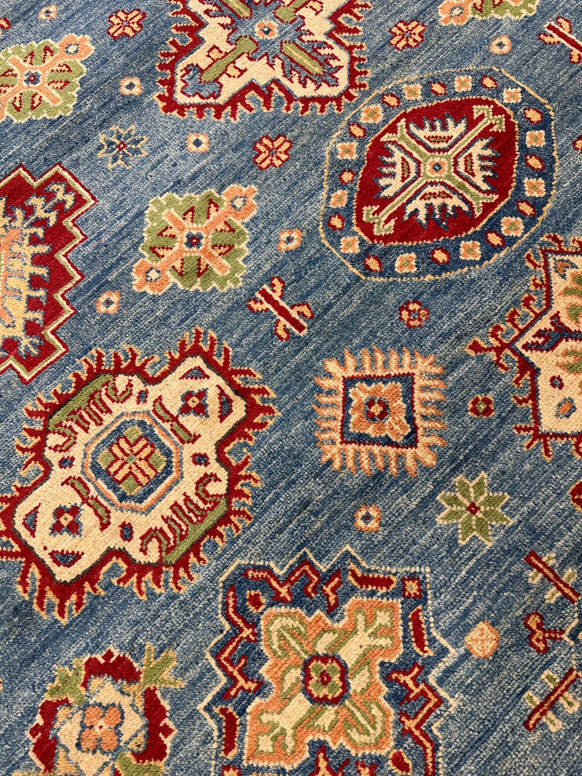 Afghan Kazak Rug 8'2" x 9'10", Hand-Knotted Wool, Blue, Cream & Red, view 6