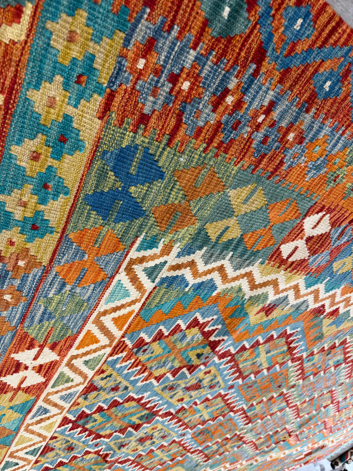 Afghan Kilim Rug 7x10, Rust, Teal & Orange, Hand-Woven Wool Flatweave, view 5