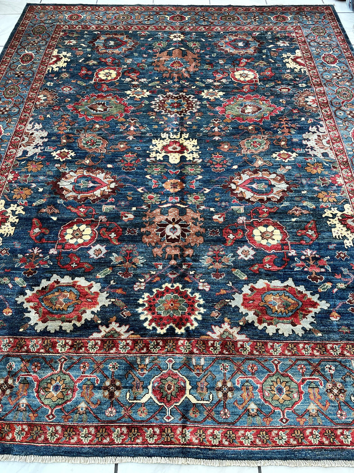 Afghan Serapi Rug 8' x 10', Hand-Knotted Wool, Blue, Gold & Ivory, view 3