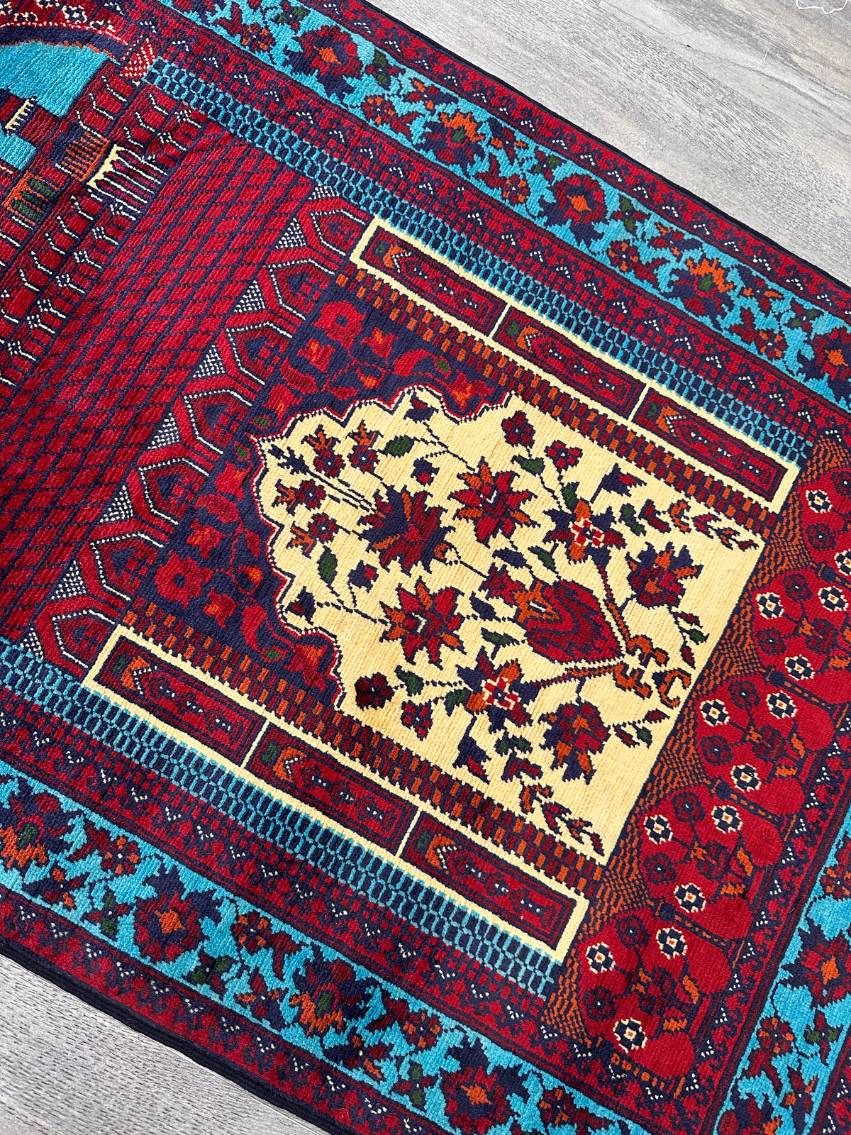 Afghan Prayer Rug 2'9" x 4'3", Hand-Knotted Wool, Red, Blue & Ivory, view 4
