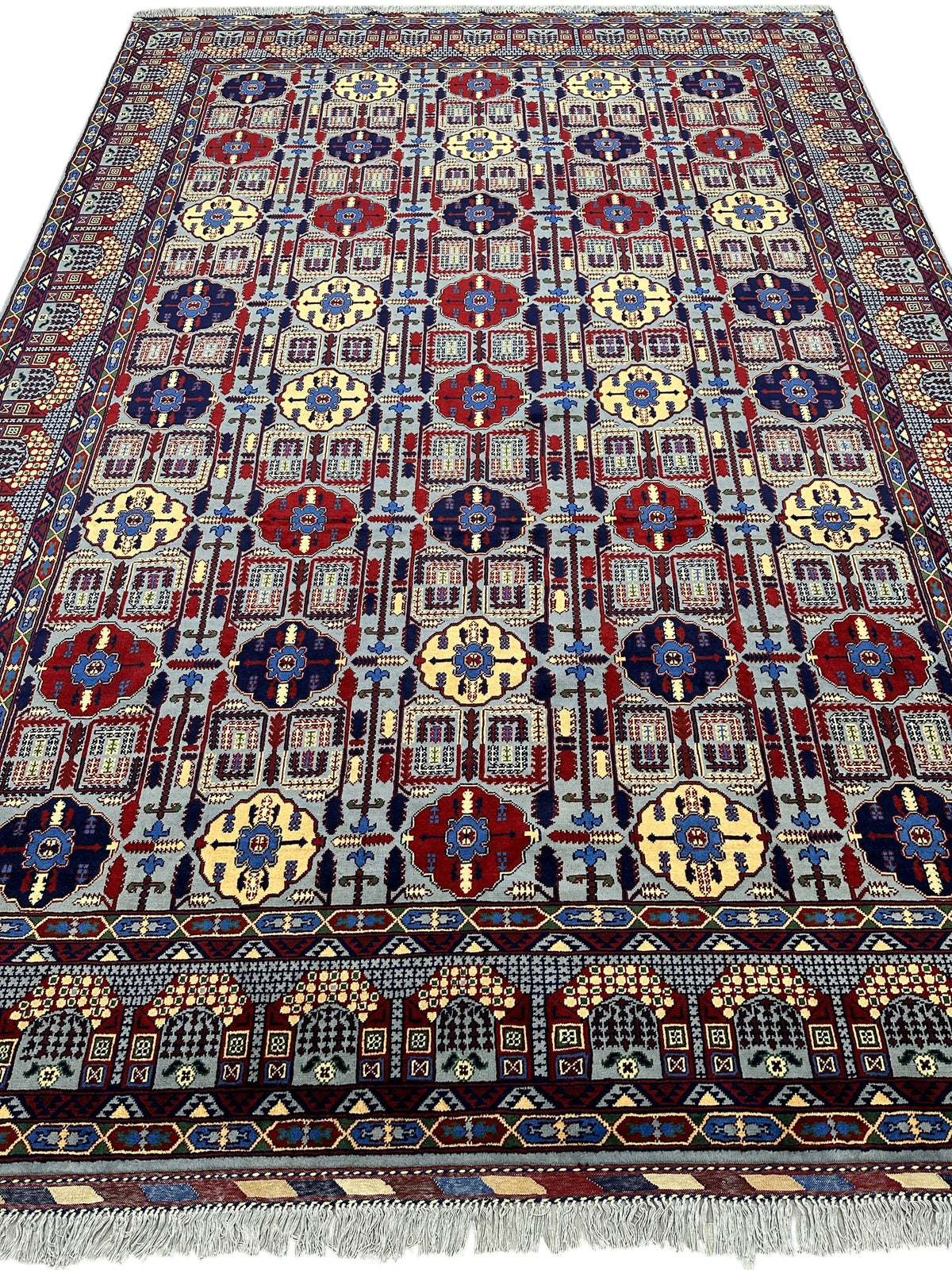 Afghan Gandom Rug 8'2" x 11'6", Hand-Knotted Wool, Red, Beige & Navy, view 2