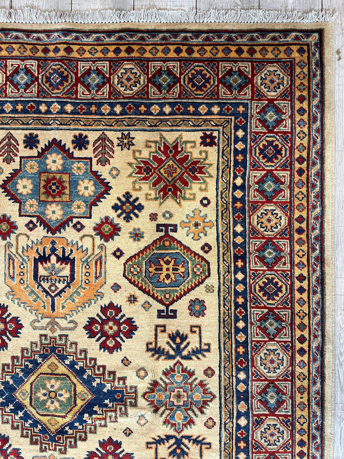 Afghan Super Kazak Rug 4'11" x 6'11", Hand-Knotted Wool, Red & Beige, view 9