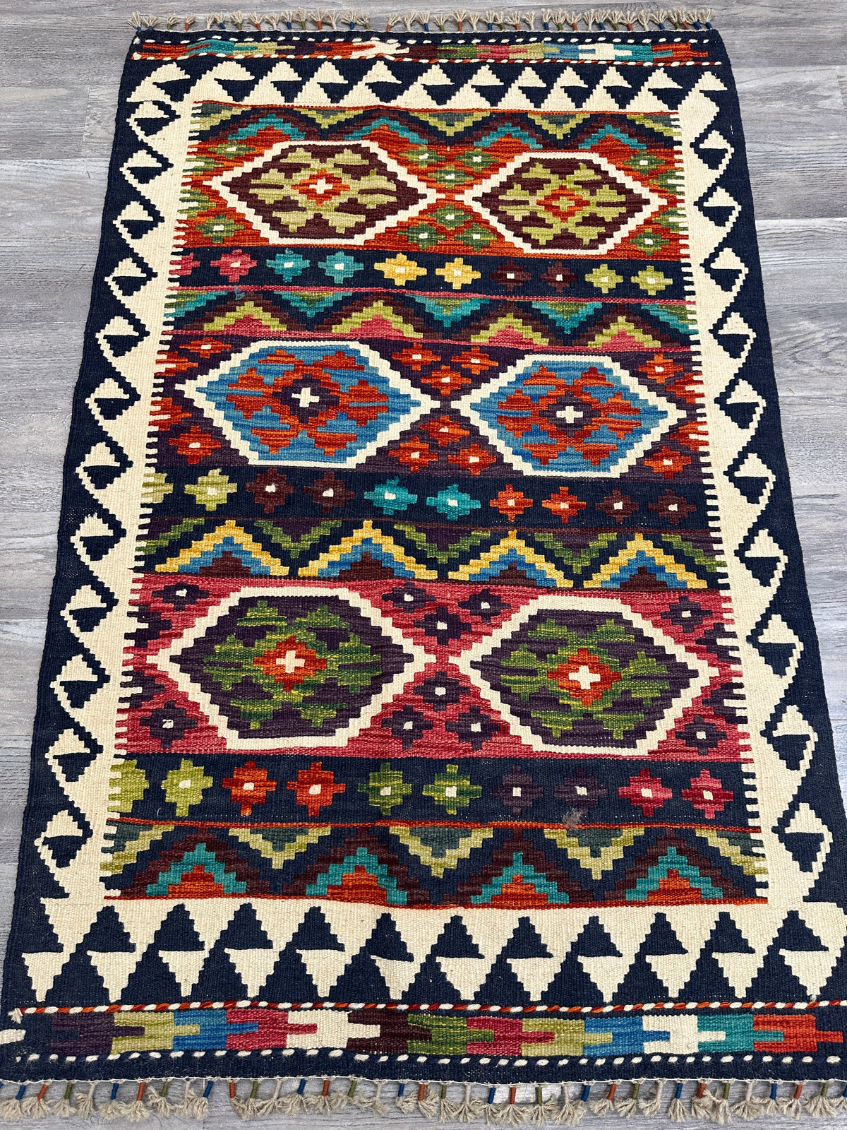 Afghan Kilim Rug 4x5, Black, Ivory & Rust, Hand-Woven Wool Flatweave, view 2