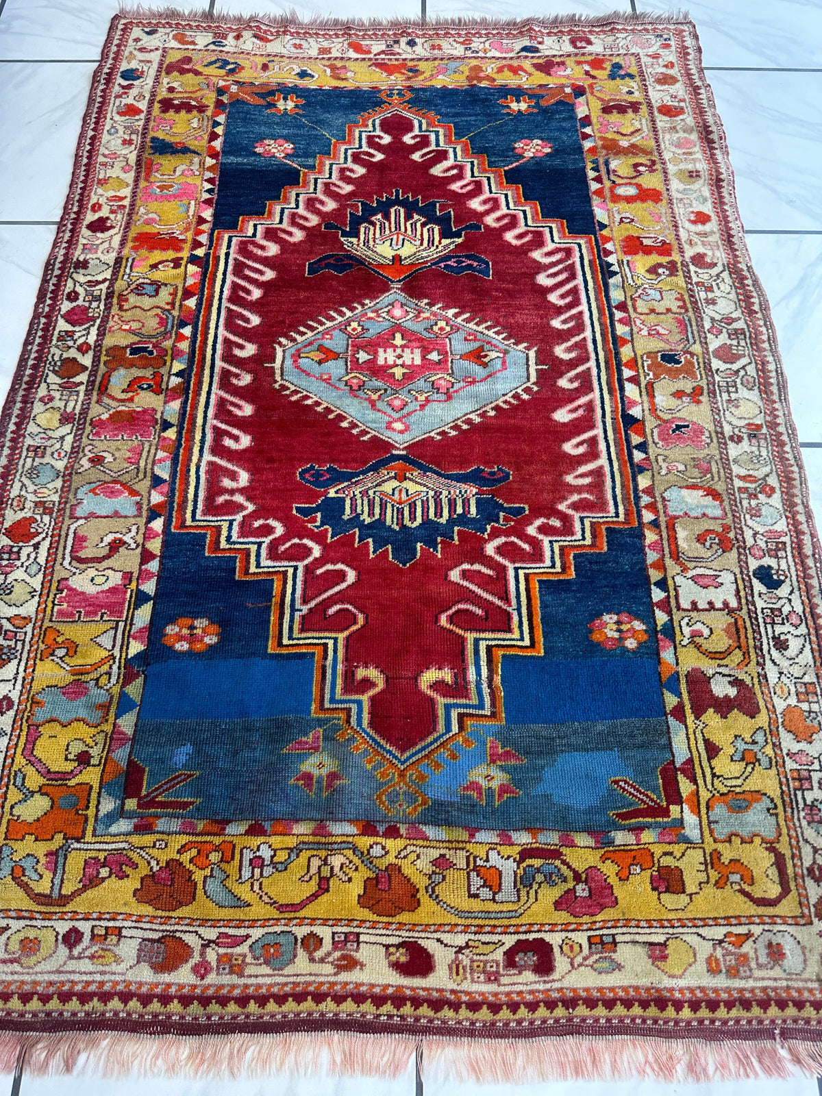 Antique Turkish Melas Rug 4'3" x 5'11", Hand-Knotted Wool, Blue, view 3