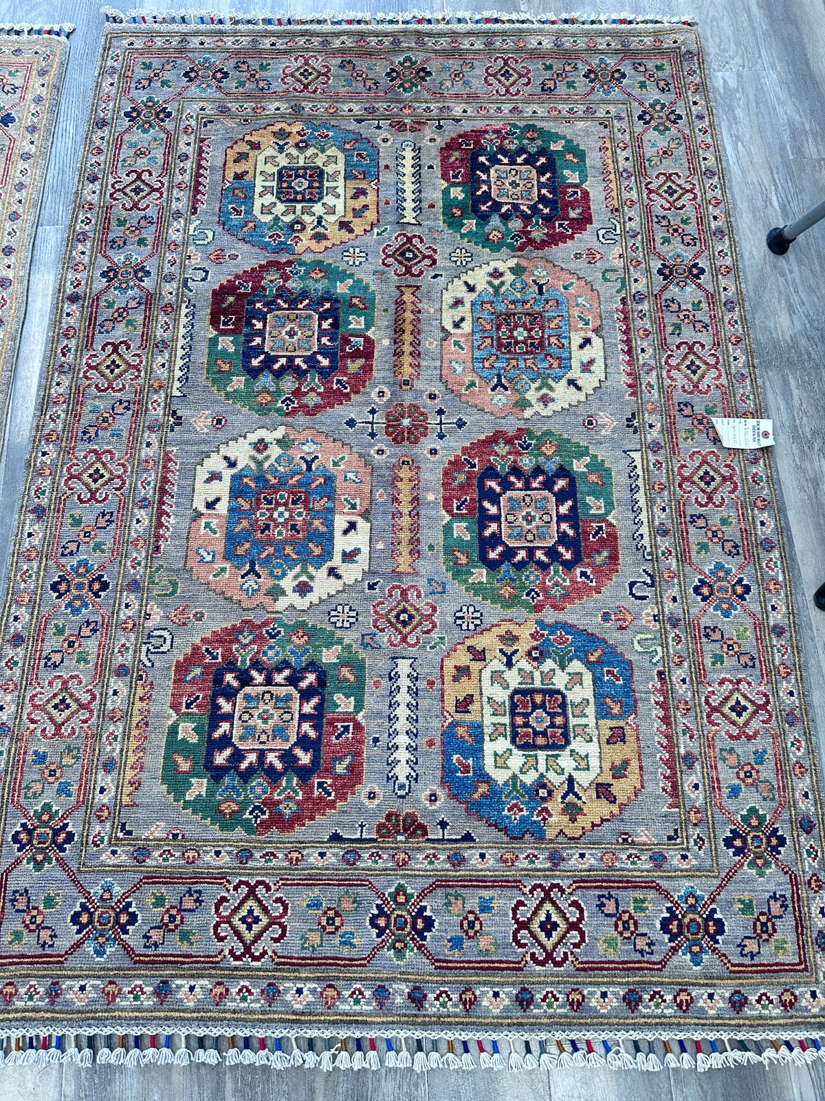 Afghan Kazak Rug 4'1" x 5'11", Hand-Knotted Wool, Gray, view 2